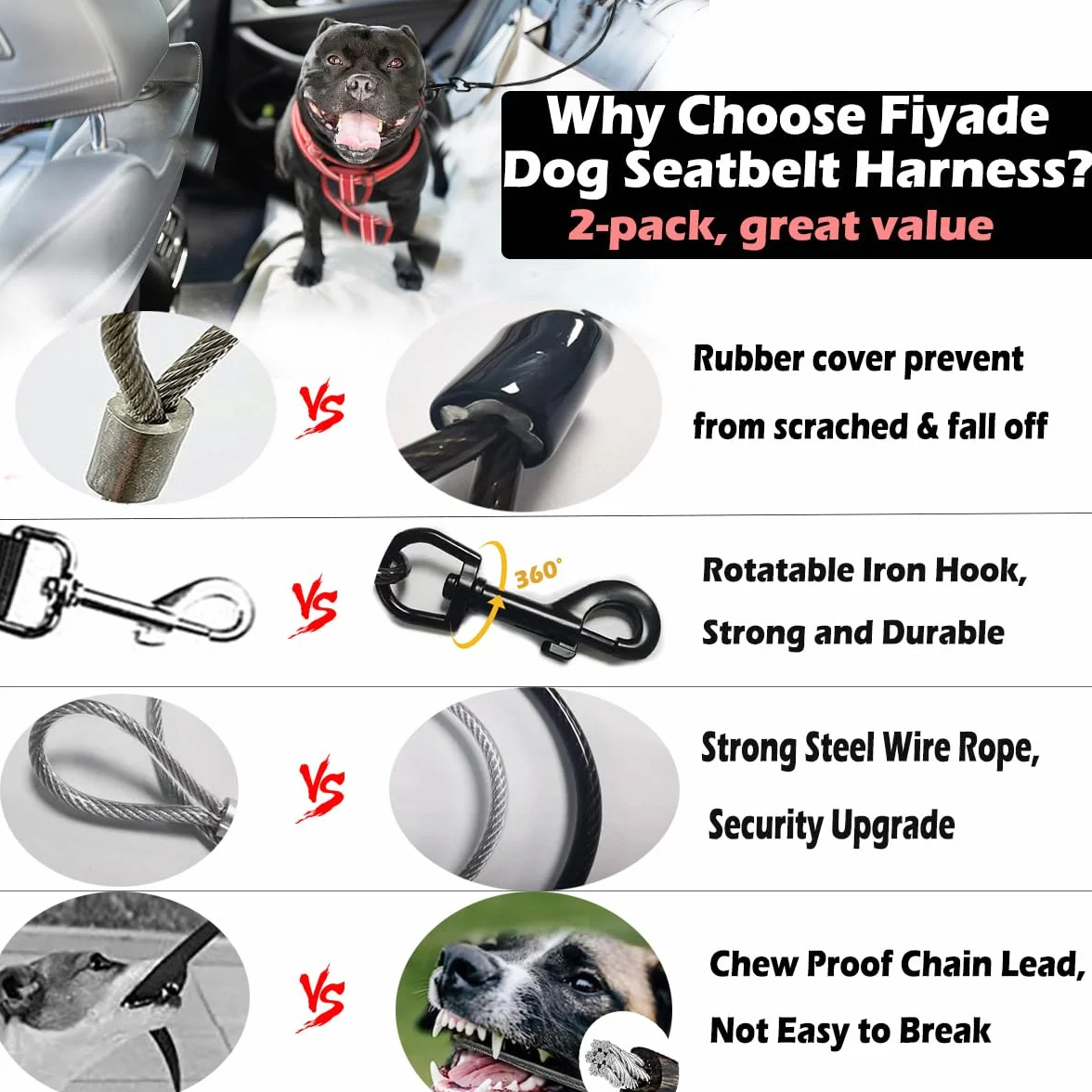 Lot de 2 Ceintures de sécurité pour Chien, câble en Acier résistant à la Mastication, Harnais de Voiture pour Chien, Laisse de câble de chaîne pour Chien, Harnais de véhicule, 70 cm