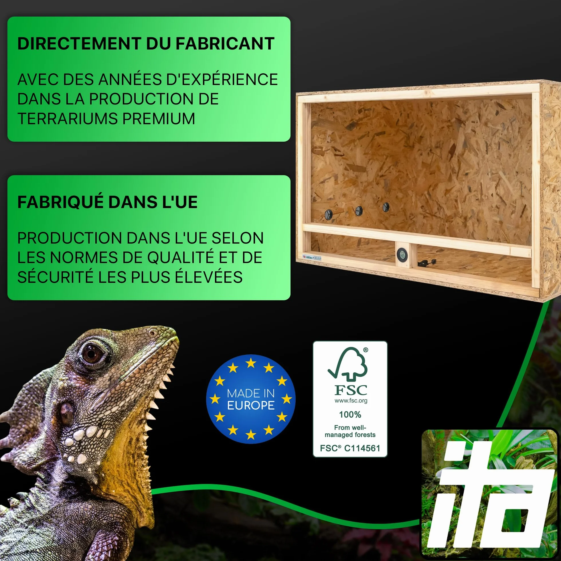 Terrarium Bois 120x60x60 cm OSB-3 avec Ventilation latérale & hygromètre intégré pour Reptiles Serpents Amphibiens