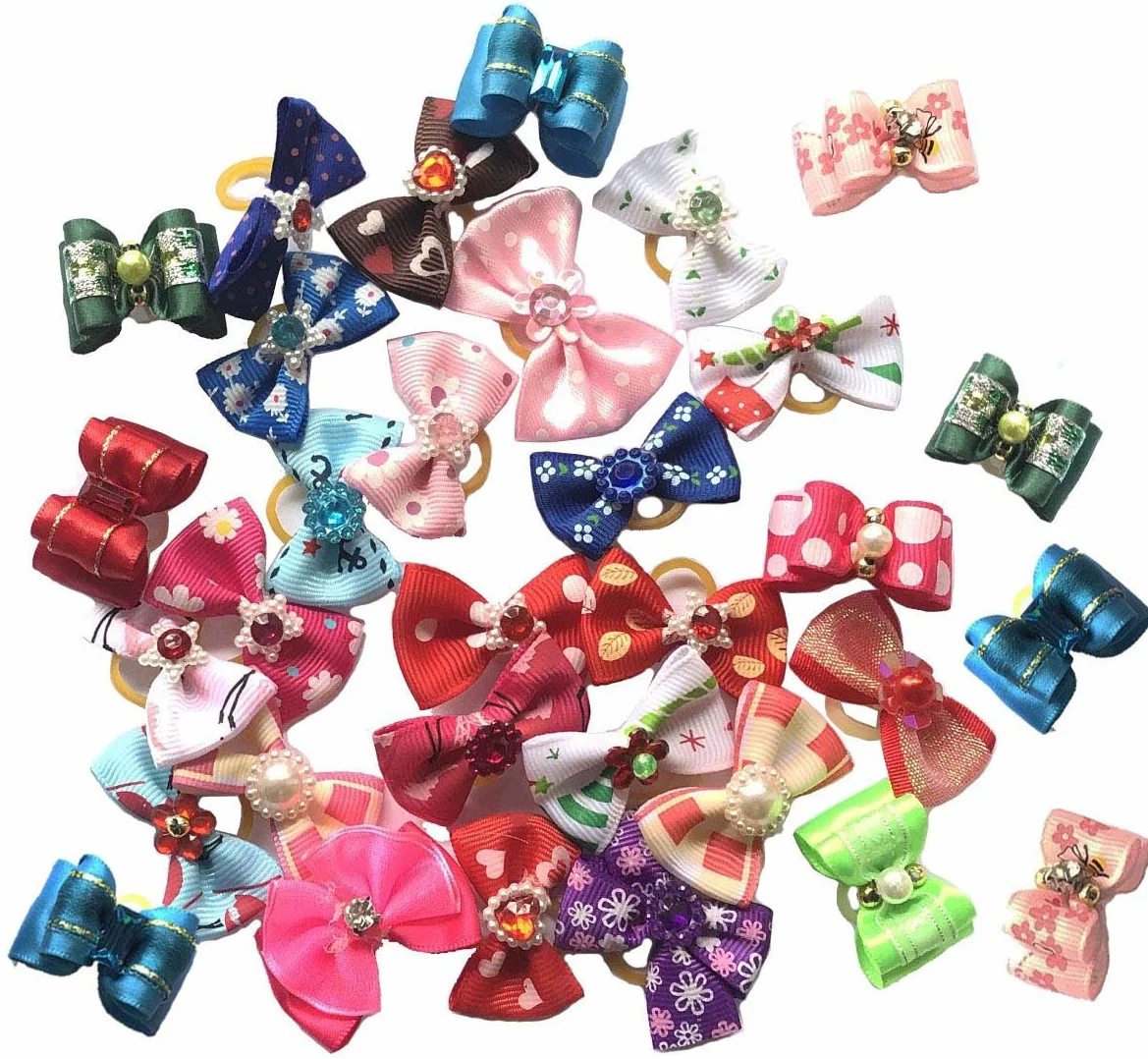 Lot de 50 nœuds en poils d'animaux avec bande en caoutchouc pour petits chiens Yorkshire, couleurs assorties