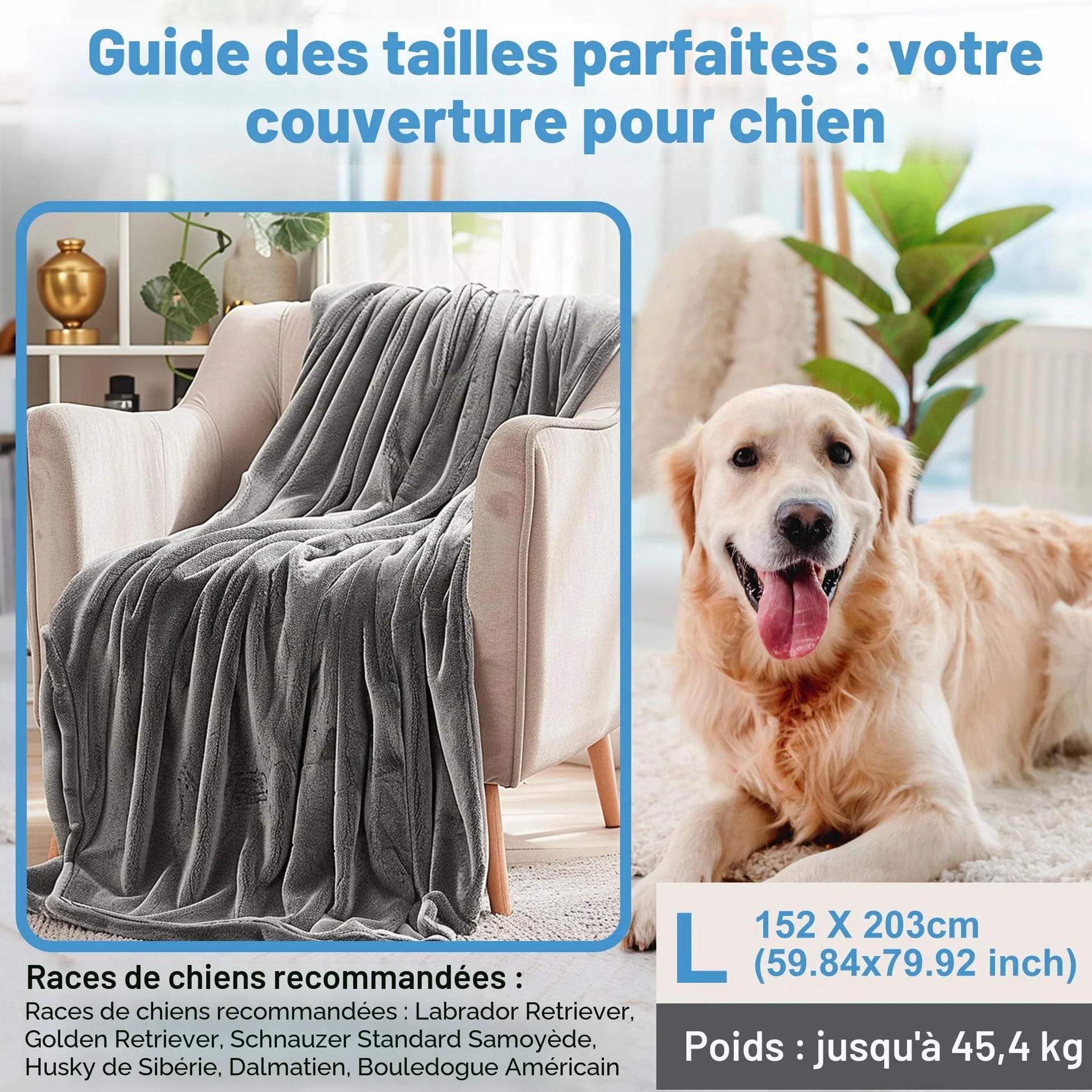 Couverture Imperméable pour Chien 152x203 cm, Plaid en Flanelle Lavable Antidérapant Protecteur de Meubles