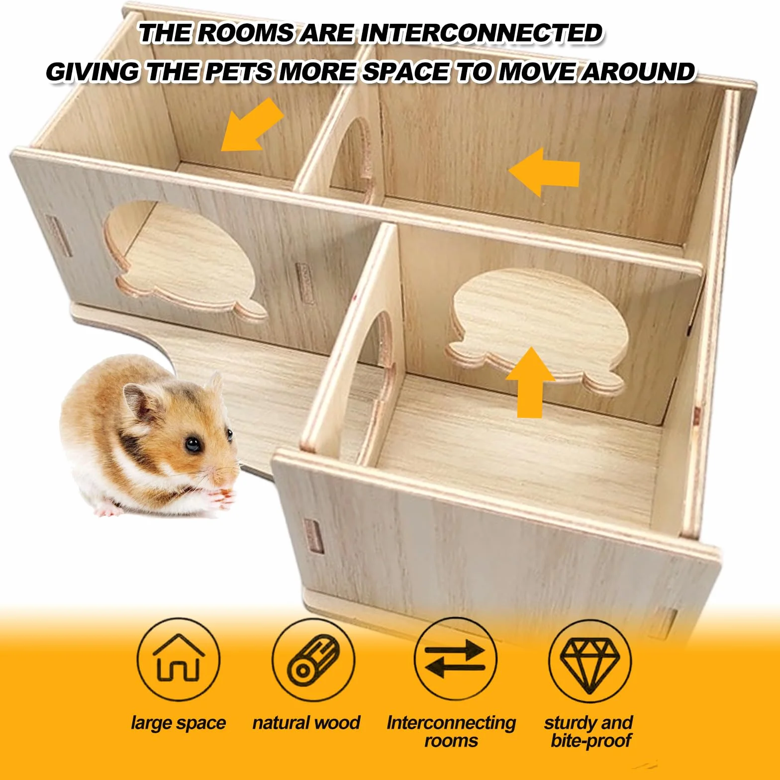 SenZee Maison pour hamster en bois, cachette multi-chambres en bois avec couvercle pour hamsters et petits animaux de compagnie