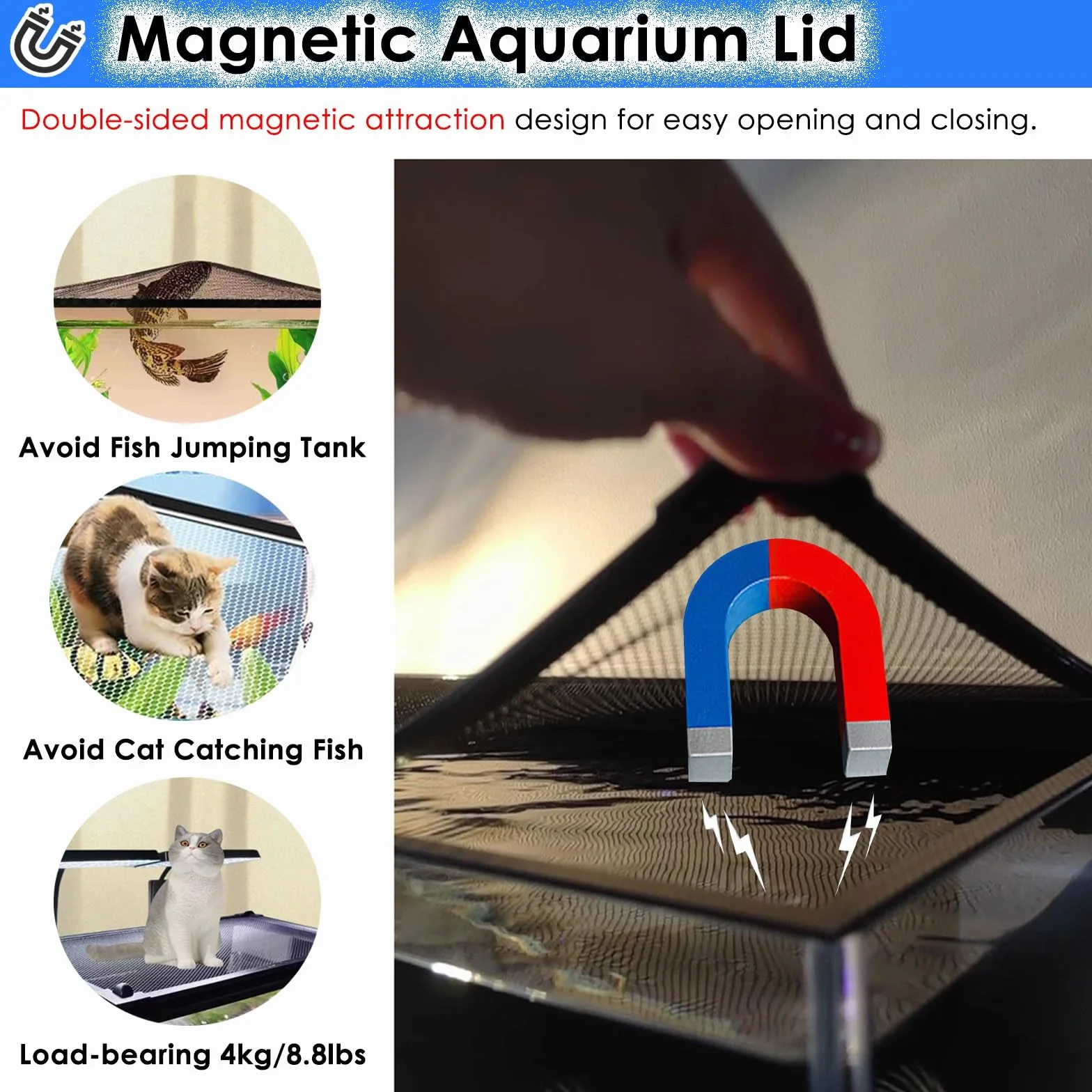 PEYNIR Couvercle Aquarium Magnétique Anti-Saut Grille Anti-Chats avec Filet d'aération 150x50cm