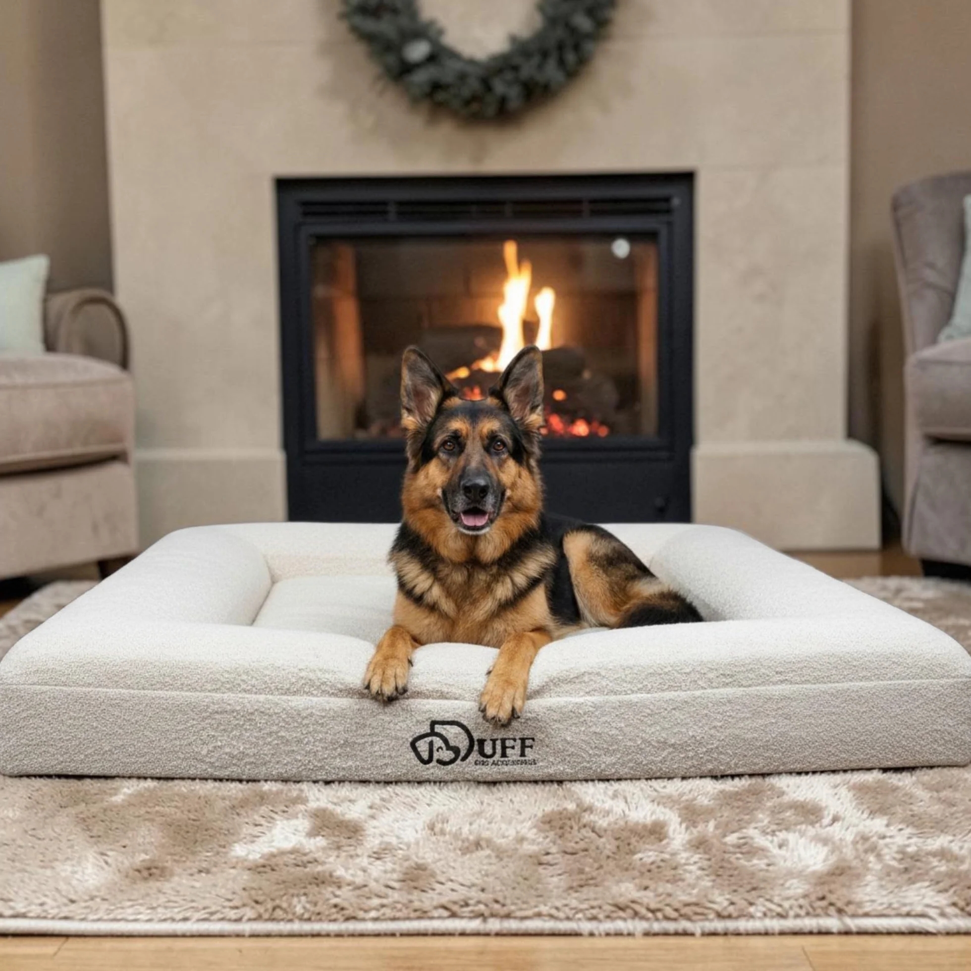 Duff® Lit Orthopédique Chien Grande Taille L (115x90 cm) – Matelas Mémoire de Forme Haute Densité – Tissu Bouclette Premium, Housse Lavable – Confort Durable & Élégant