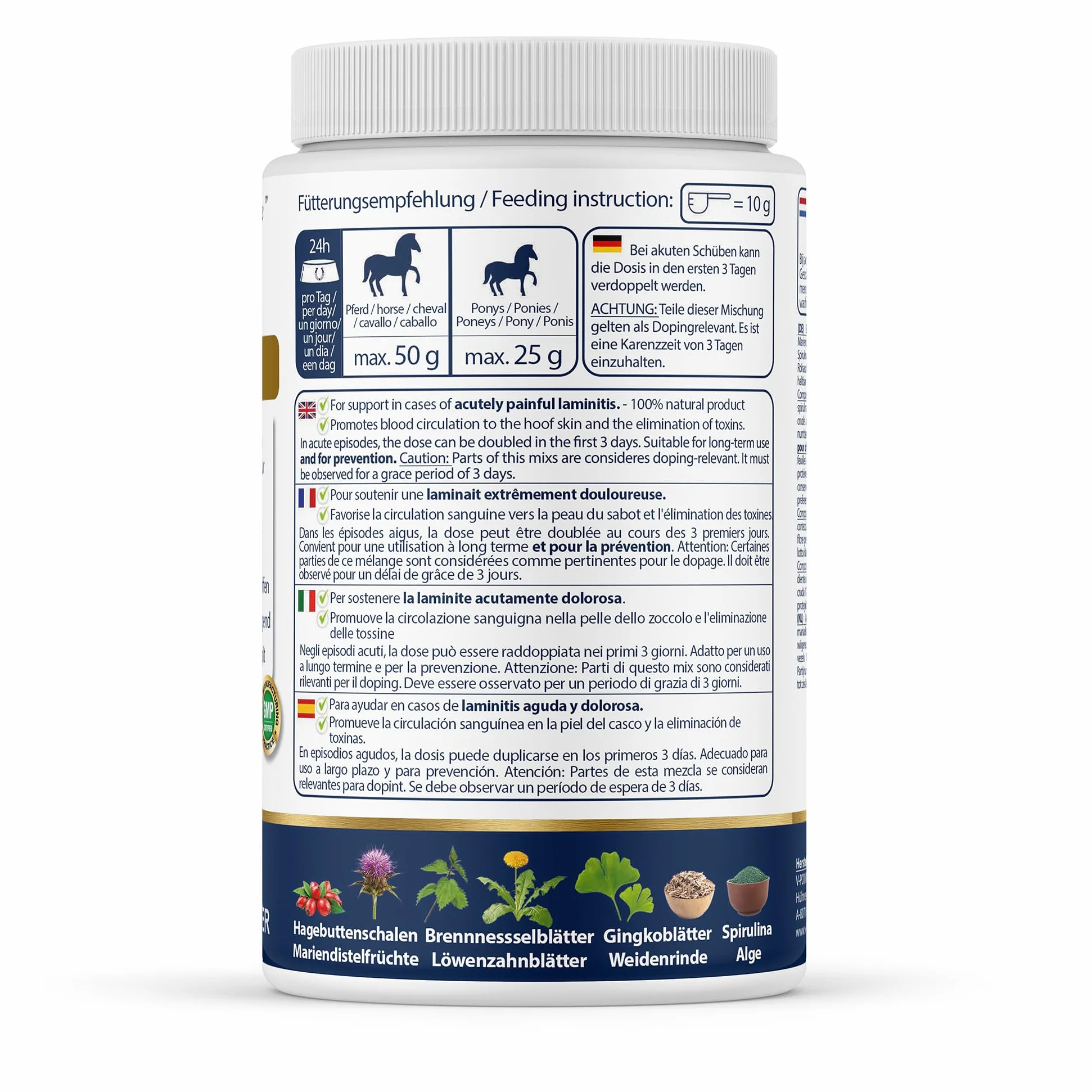 V-POINT REHE Plus poudre pour crises de fourbure aiguës prévention irrigation sanguine sabot cynorrhodon chardon-marie spiruline 450 g