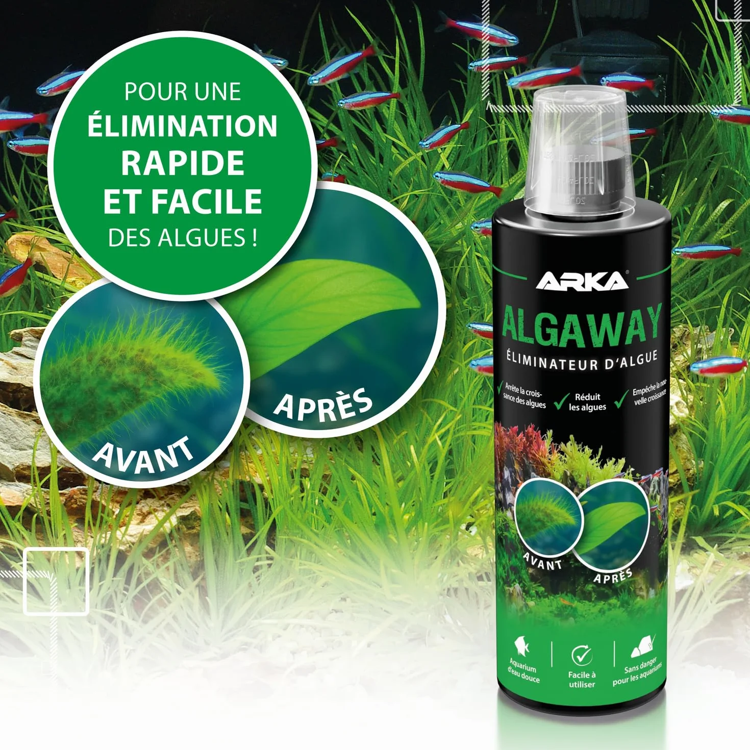 ARKA Algaway Éliminateur d’algues Aquarium 473 ML – sans cuivre Compatible Plantes – Eau Douce