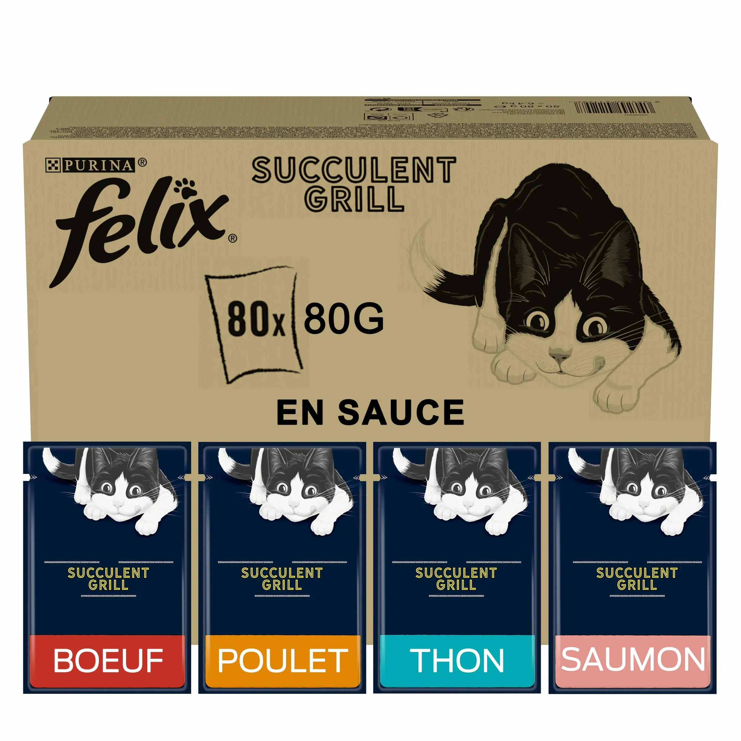 Felix | Succulent Grill | Aliment Complet pour Chat Adulte| Sélection Mixte : Au Poulet, Au Bœuf, Au Saumon, Au Thon| en Sauce | Portion Individuelle | 80x80g | Nourriture Chat Sélection Mixte Poulet, Boeuf, Poisson - Riche en Oméga 6 et vitamines - 4 var