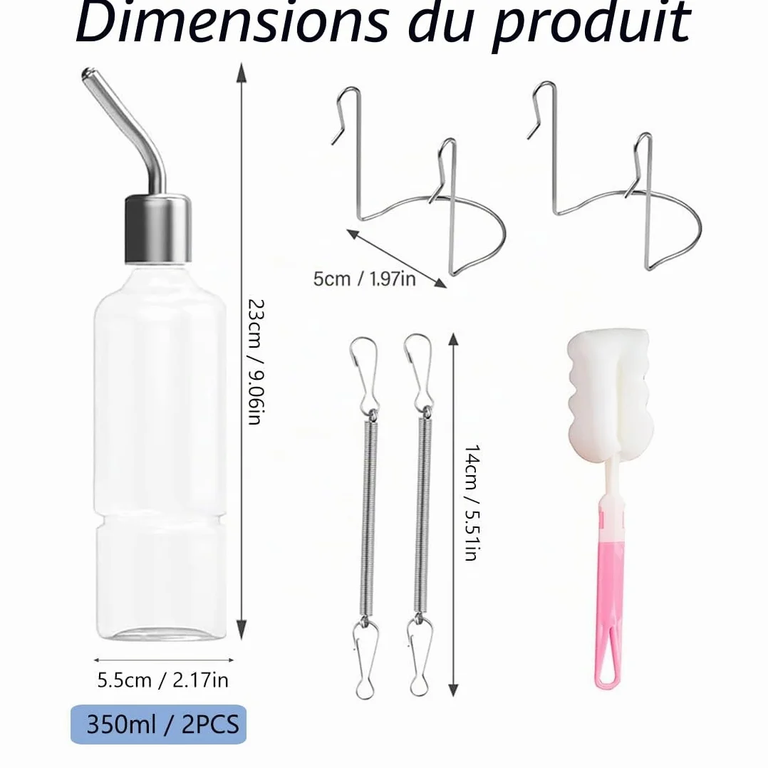 Biberon Lapin 2 Pièces Distributeur Eau Suspendu 350 ML pour Rongeurs Chatons Chiens Hamsters