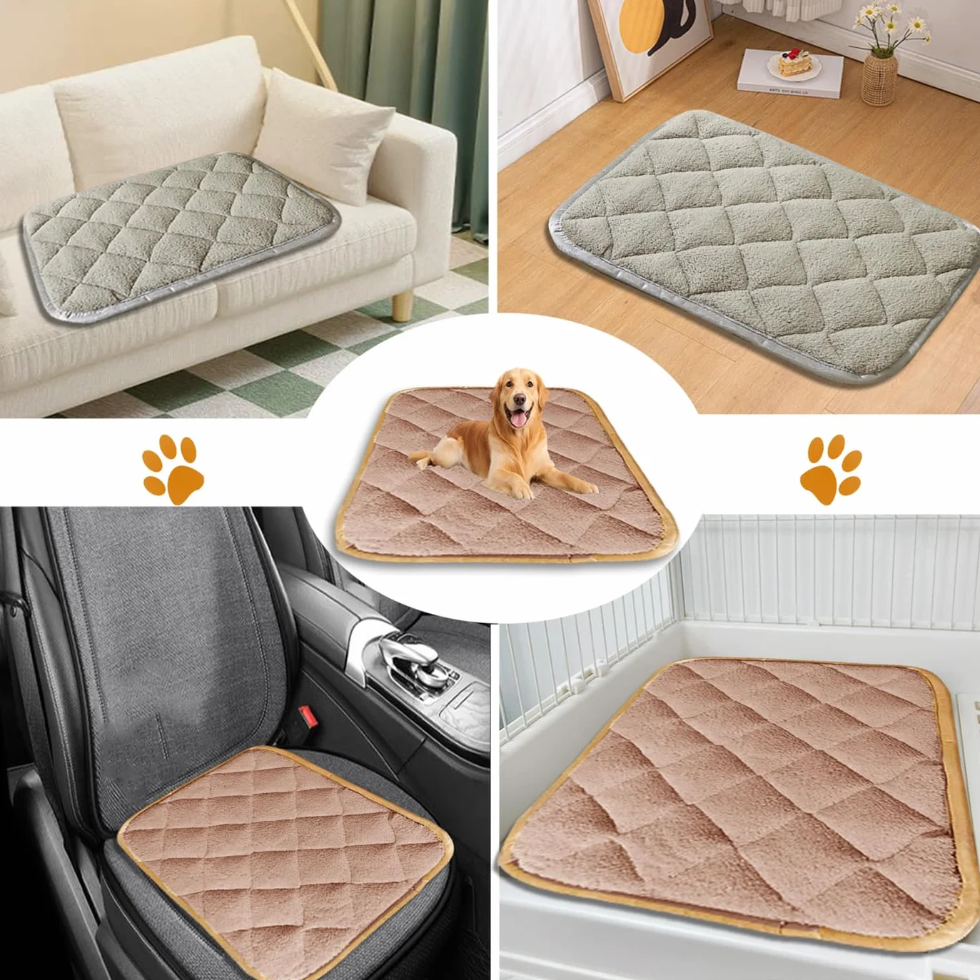 Grand lit antidérapant pour animaux de compagnie, tapis lavable, doux et chaud, matelas luxueux de cage pour chiens grande taille (gris, 84 x 57 cm)