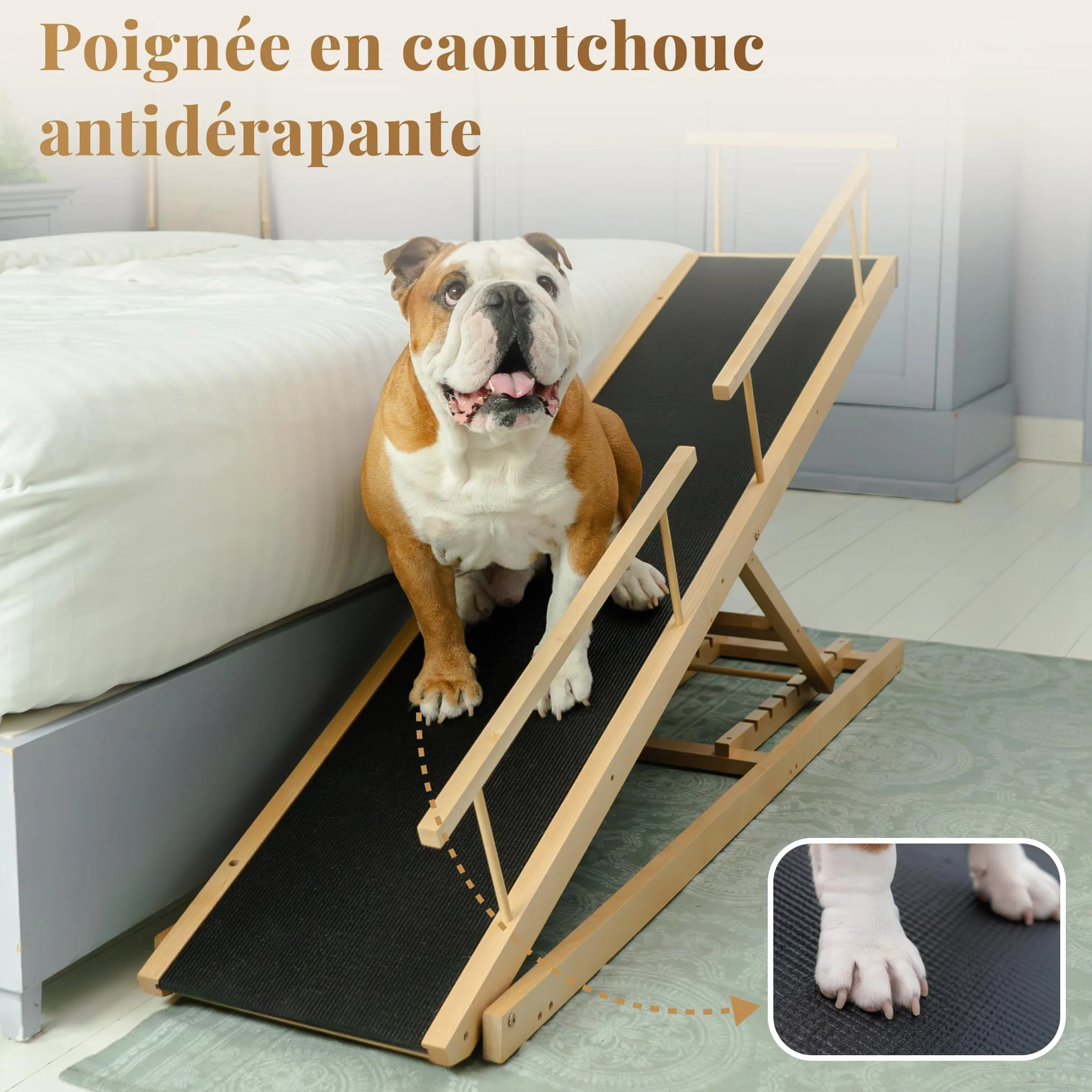 PRIORPET Rampe pour Chien avec Barrières de Sécurité Escalier Pliable Lit Haut 94.5 cm Bois de Bouleau Antidérapante 23kg Naturel