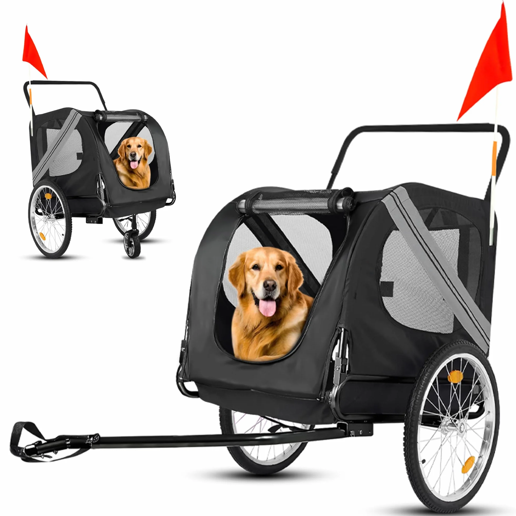 Remorque Vélo Chien 2 en 1 - Poussette Chien Pliable, Charge jusqu'à 35 kg, Attelage Inclus, Sol Antidérapant, Sangle Sécurité, Bien Ventilée, Multifonctionnelle, Gris Foncé