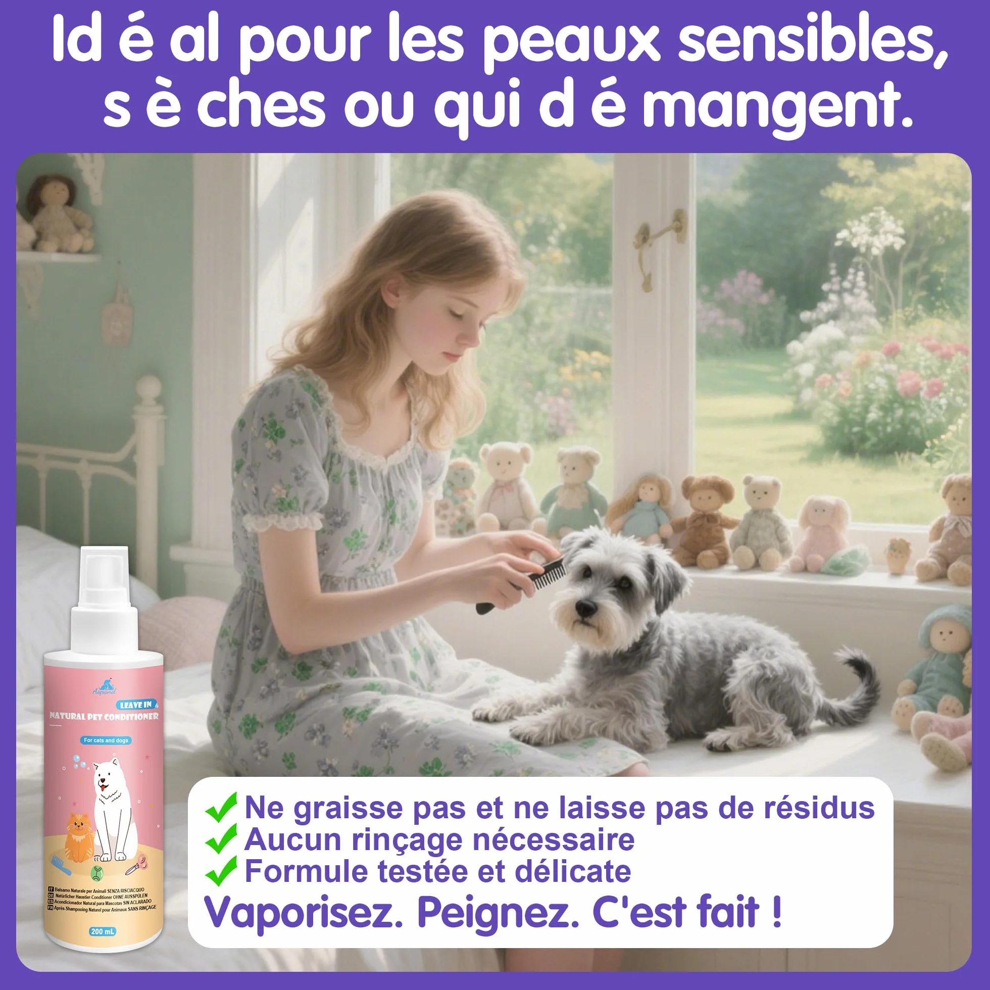 Spray Démêlant pour Chien et Chat, 200ml sans Rinçage, Action Démêlante, Hydratante, Antioxydante Régénérante et Antioxydante, Adapté aux Animaux Domestiques à la Peau Sèche, Irritée, Sensible