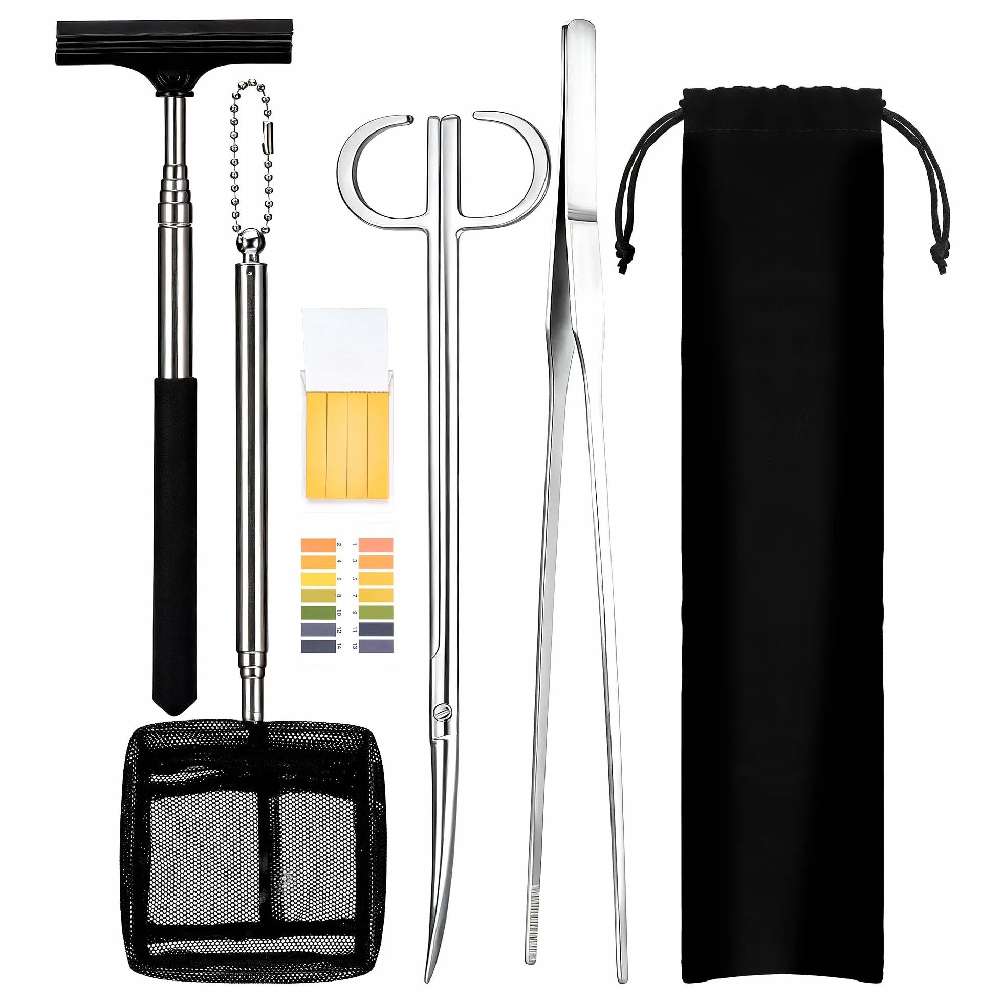 Kit Aquarium 6 en 1 Acier Inoxydable Pince Ciseau Épuisette Accessoires Aquarium Argenté