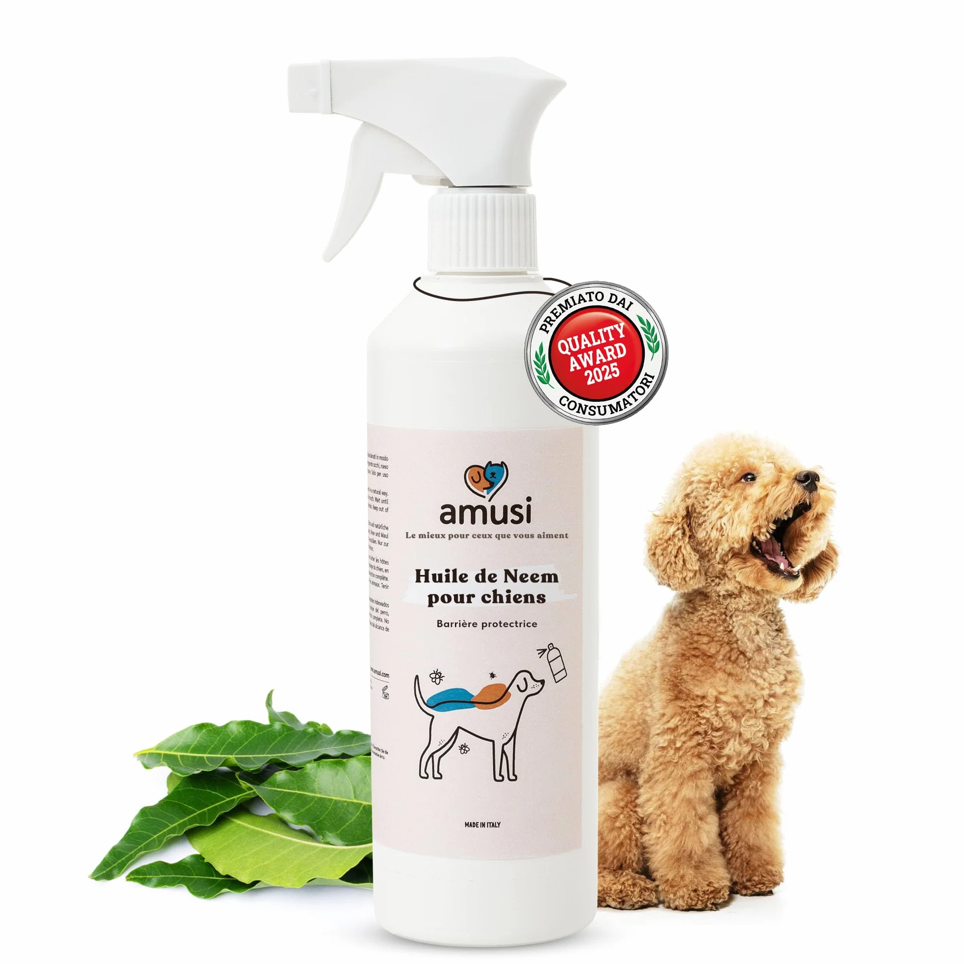 Huile de Neem pour Chiens 500 ML Spray Répulsif Protection Naturelle Contre Tiques Mouches Acariens Poux