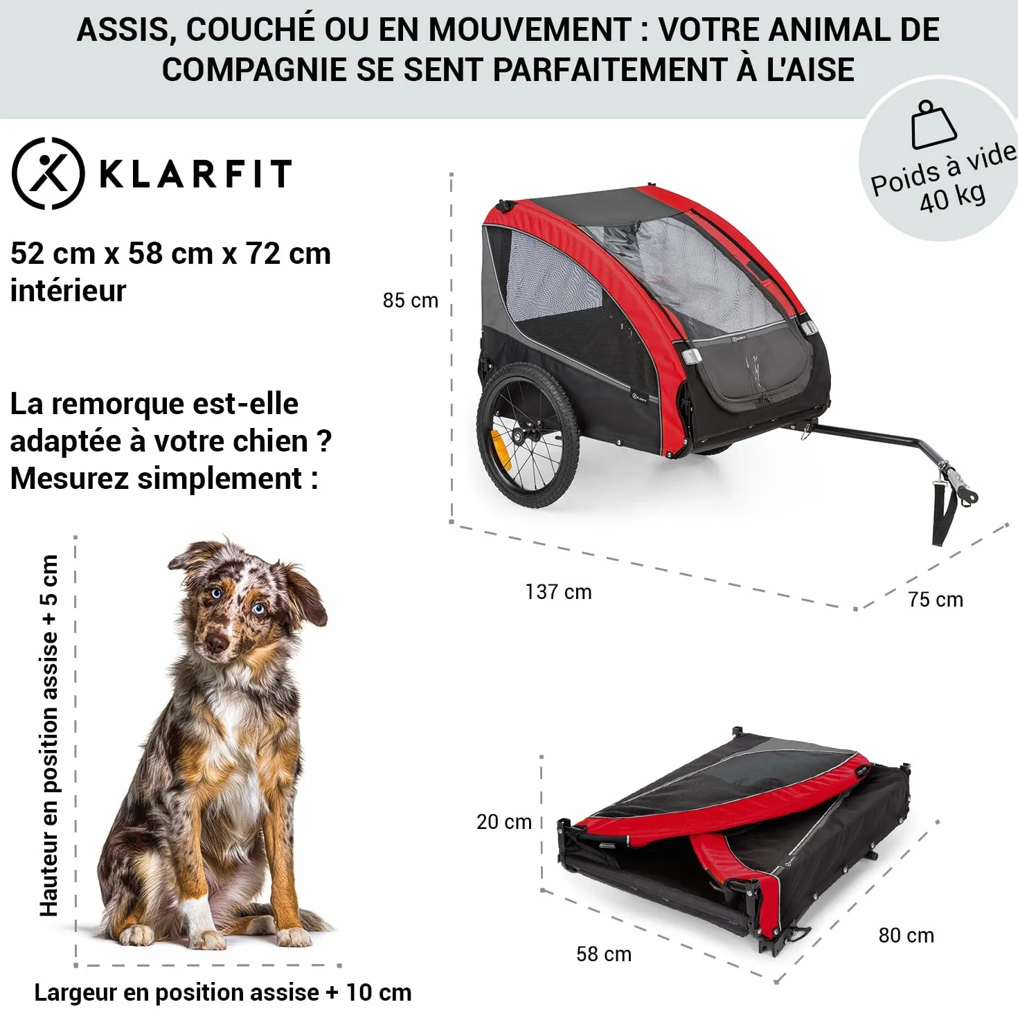 Klarfit Remorque Velo Pliable Chariot Transport Chien Petite Moyenne Taille Toile Oxford 282L 40kg