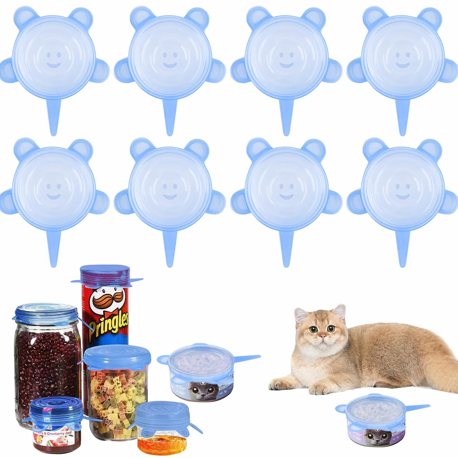 Couvercles de Boîtes de Nourriture pour Chat en Silicone Extensible, Lot de 8, Diamètre 6,5-8,5 cm