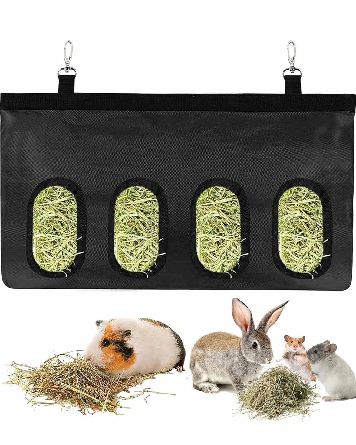 Sac de foin pour lapin, mangeoire suspendue avec 4 fenêtres, noir