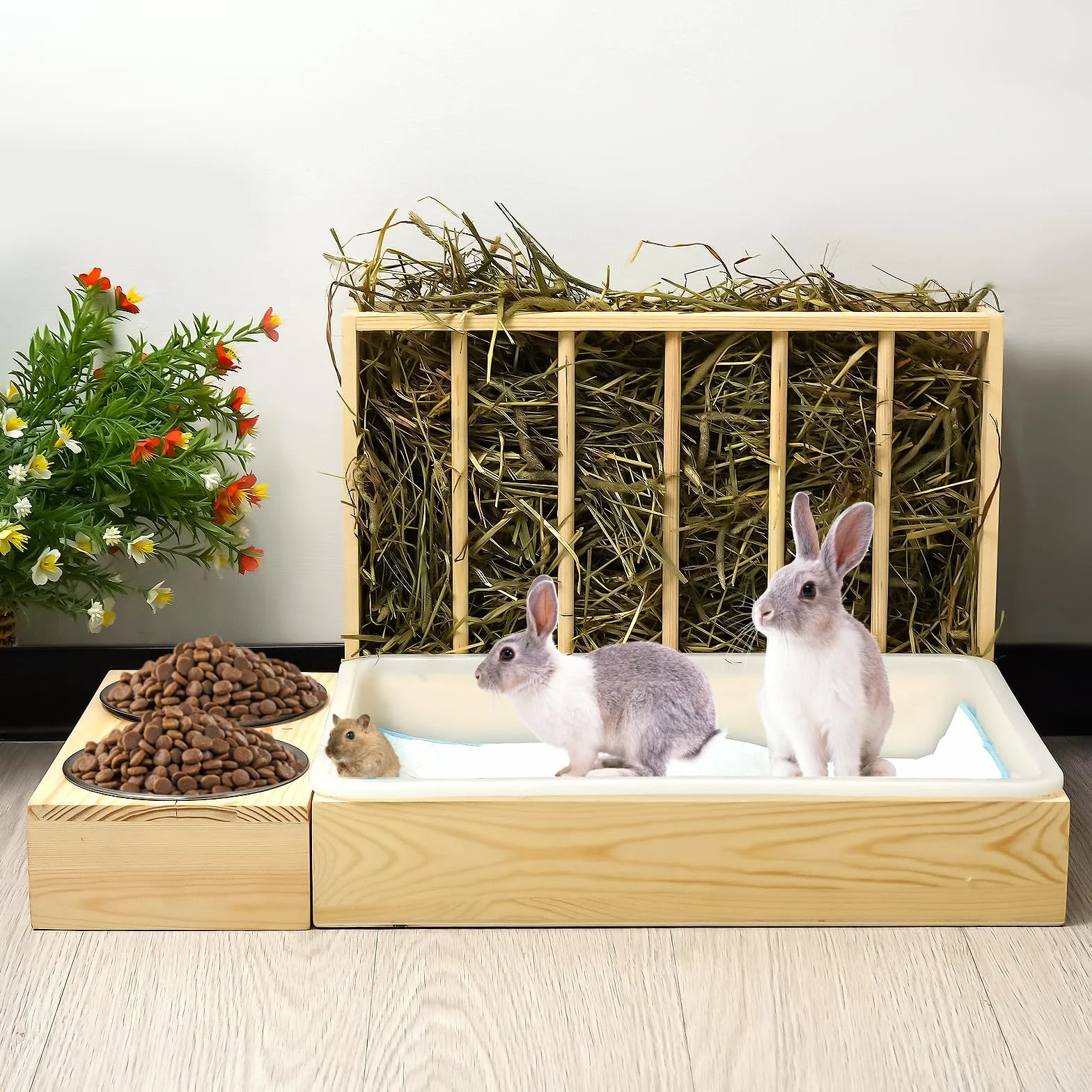 Mangeoire à foin 3 en 1 pour lapin avec bac à litière et bols en bois - pour petits animaux