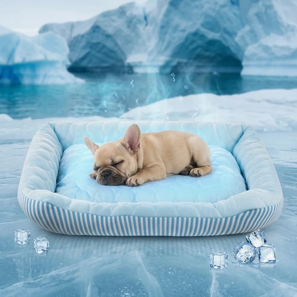Lit rafraîchissant pour chien de petite, moyenne et grande taille, tapis rafraîchissant respirant avec tissu en soie glacée auto-rafraîchissante, lit d'été lavable pour intérieur et extérieur, bleu