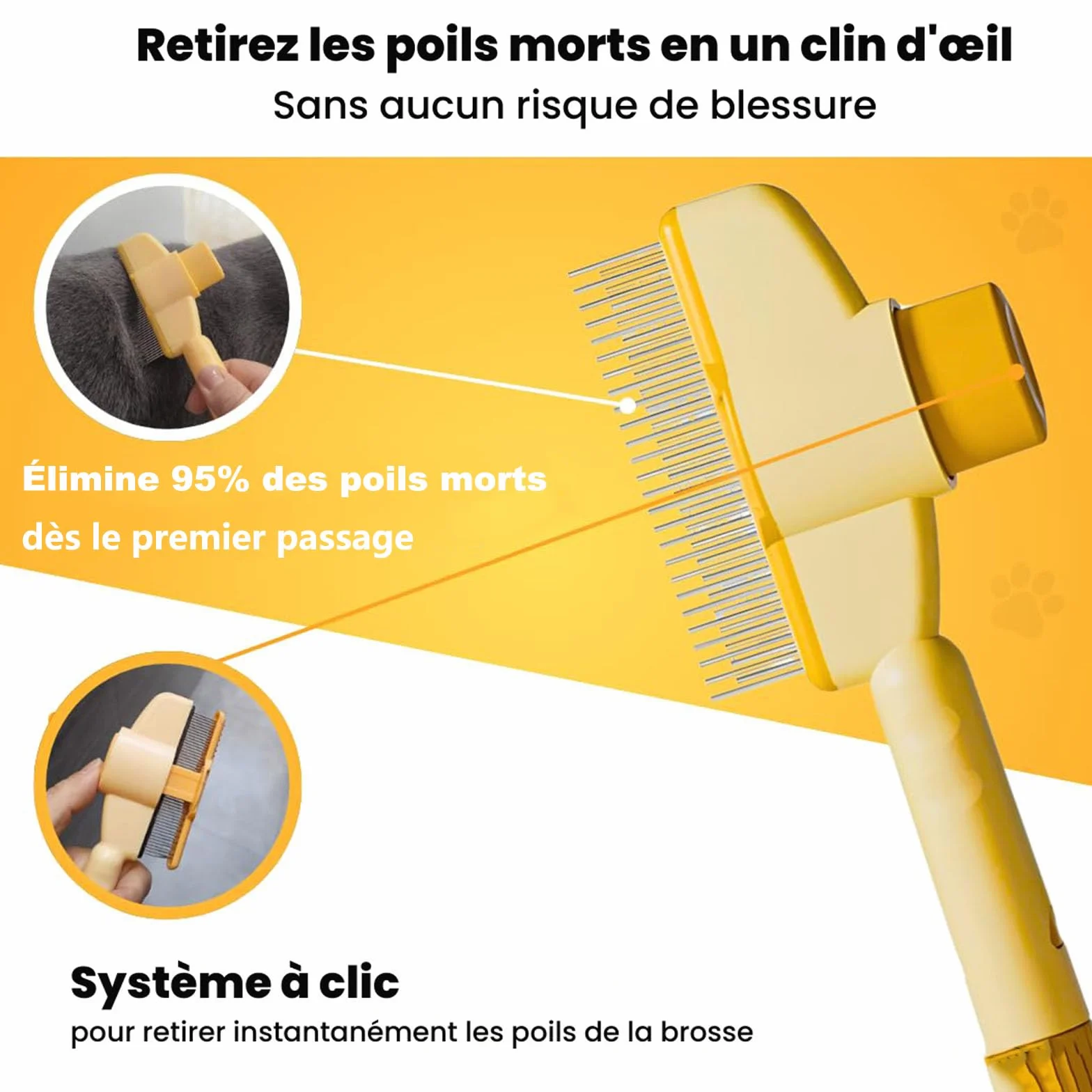 chat peigne, 2025 brosse anti-poils mort –peigne anti puces douce, efficace et autonettoyante, idéale pour poils longs et courts (Jaune)
