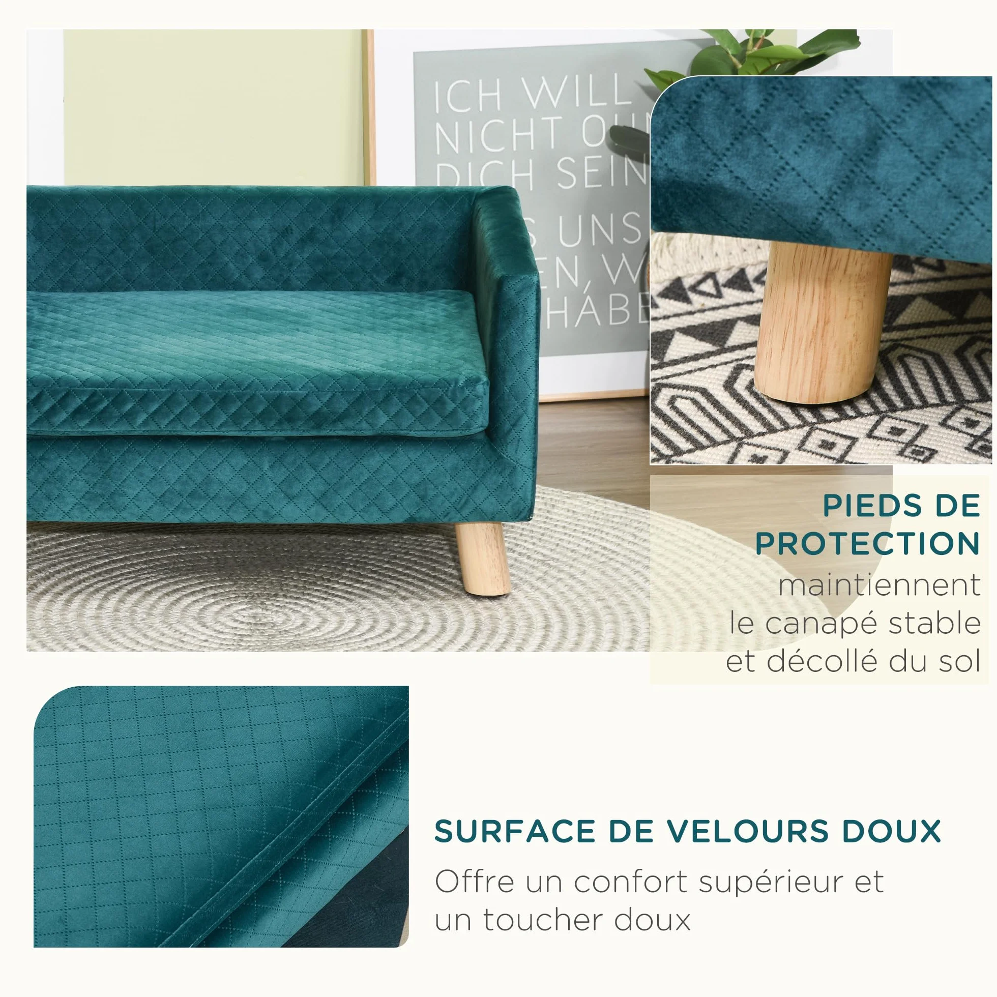 PawHut Canapé Chien lit pour Chien Design scandinave Coussin Moelleux Pieds Bois Massif 64 x 45 x 36 cm Velours Bleu Canard