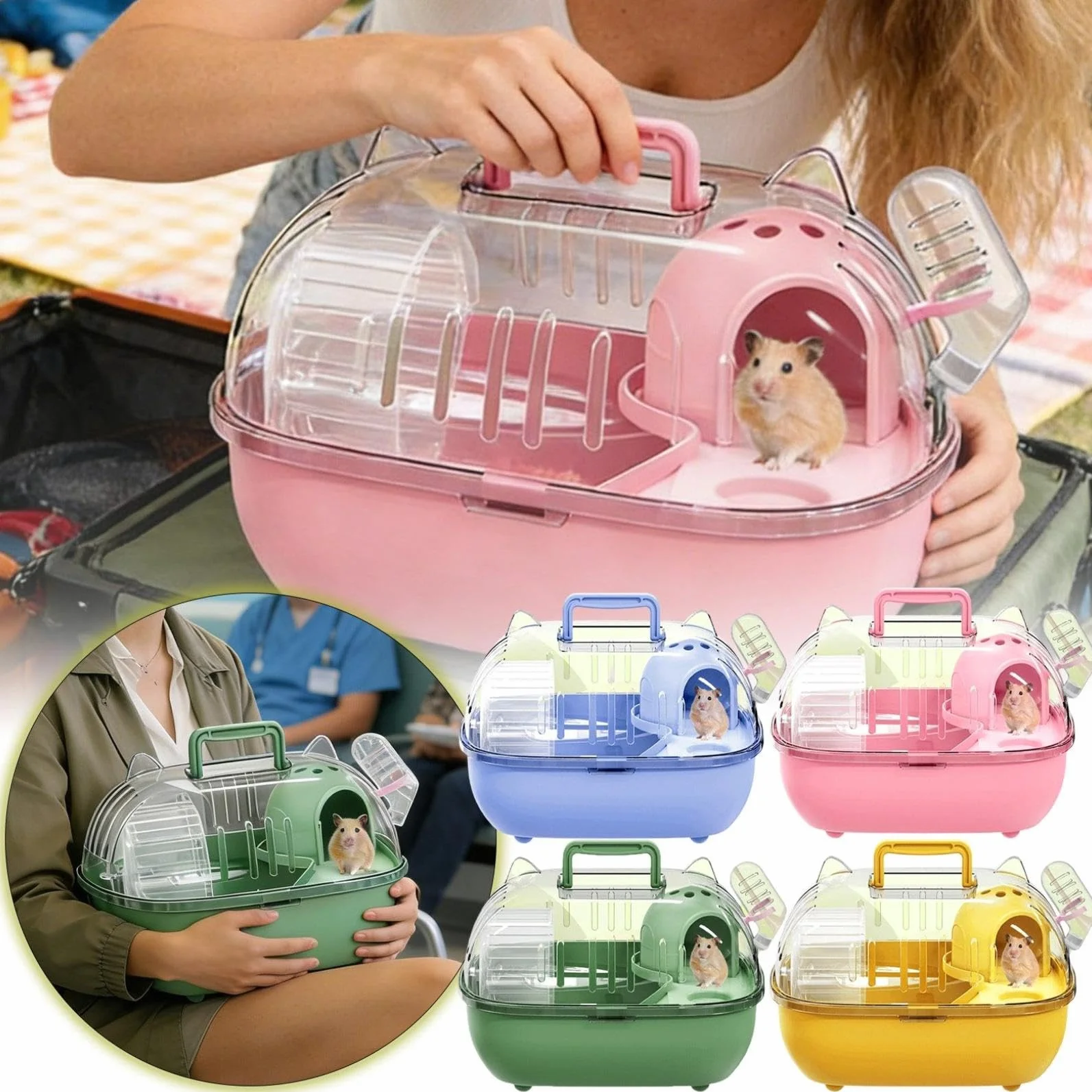 Cage de transport pour hamster avec housse transparente et bouteille d'eau portable pour petits animaux