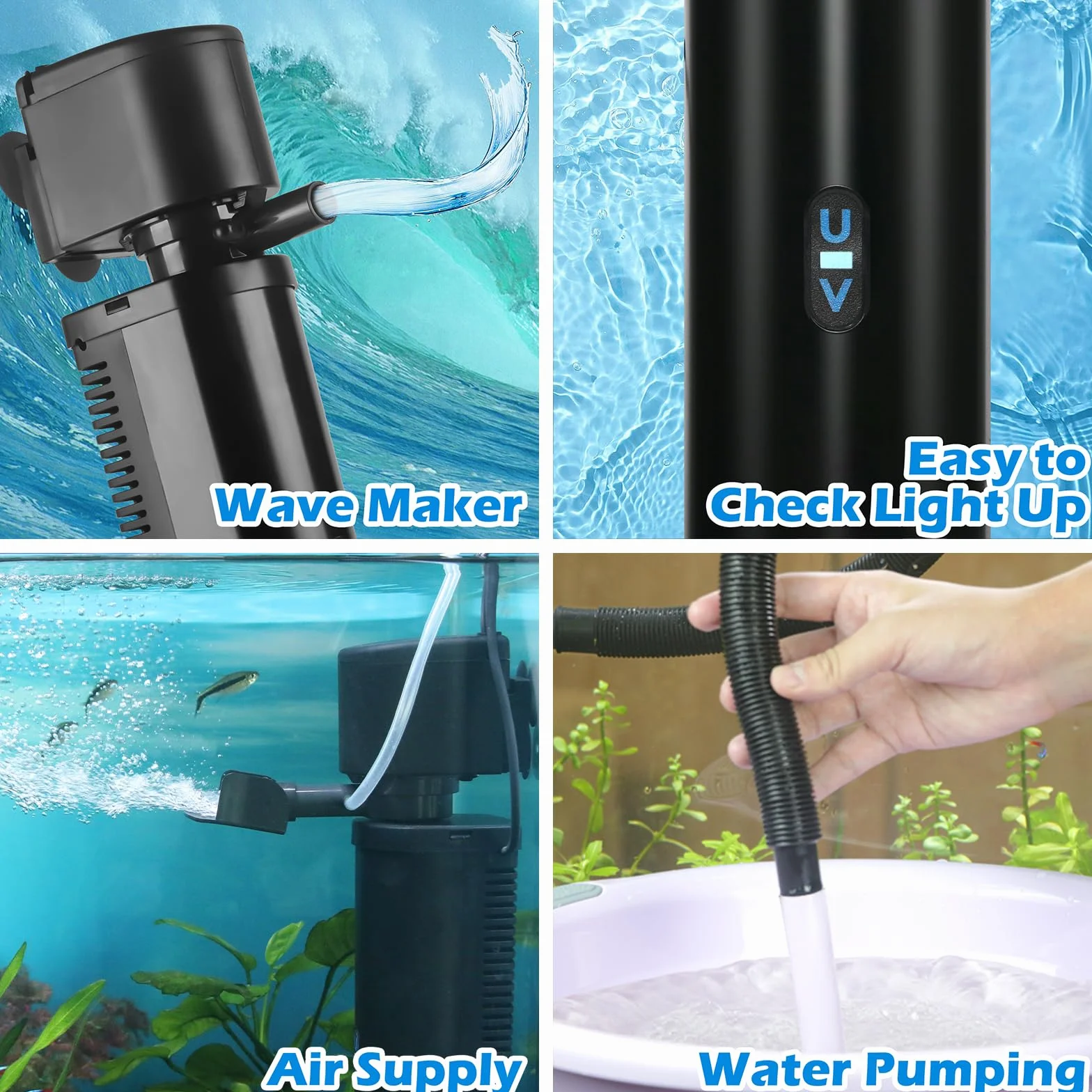 Filtre d'aquarium pour Bassins 150-560L 7W Anti-algues Clarificateur UV 1500L/h Pompe Submersible