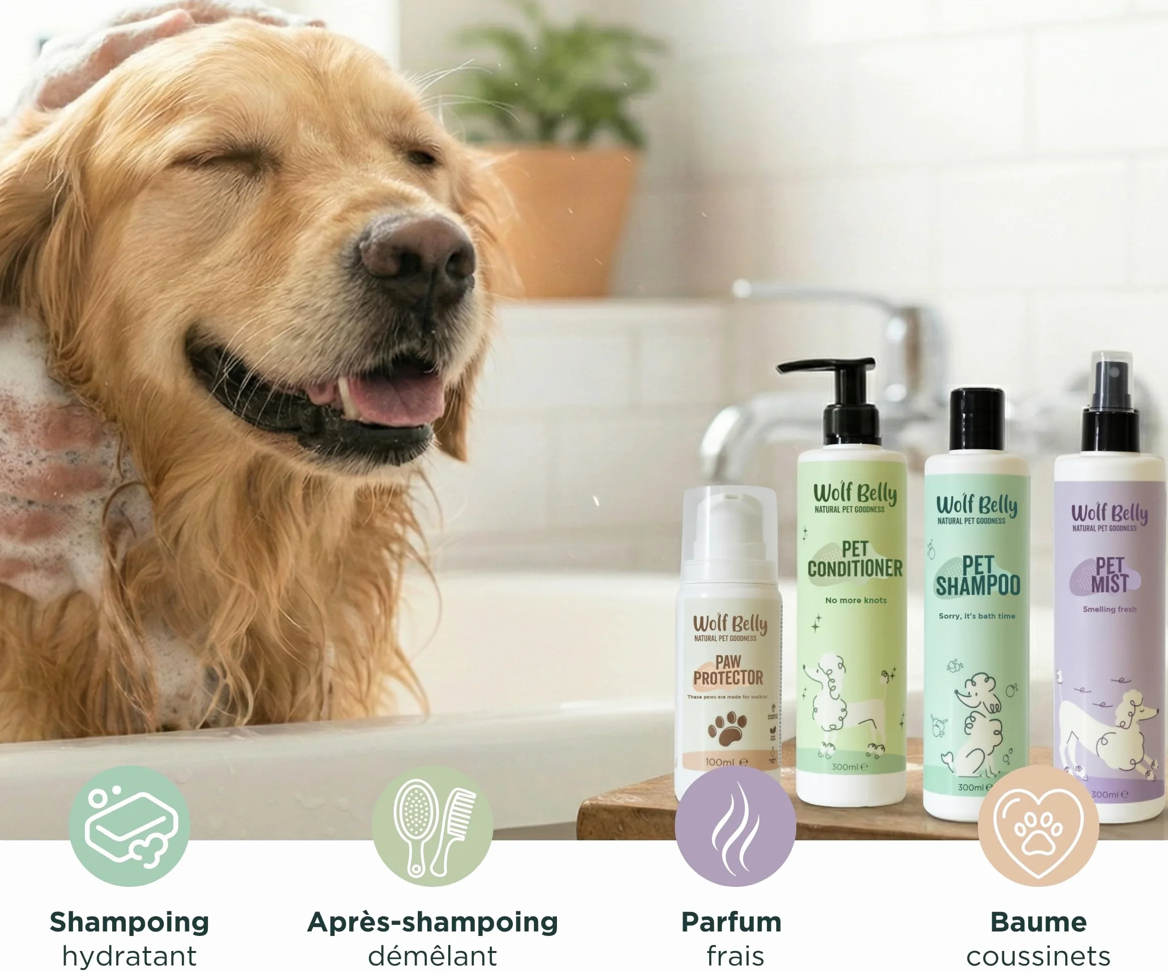 Wolf Belly - Pack Hygiène et Soin Complet pour Chiens et Chats | Shampoing + Après shampoing + Brume + Baume Coussinets | Aloe Vera 99%, Végan et Hypoallergénique - Fabriqué en UE