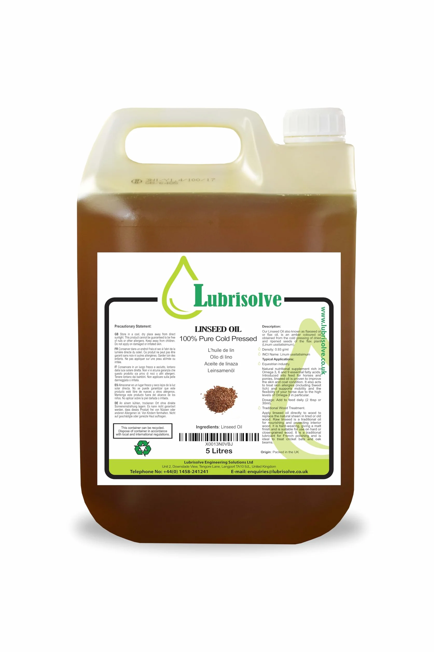 Lubrisolve Huile de Lin 100% Pure, Huile de Lin pressée à Froid 5 litres