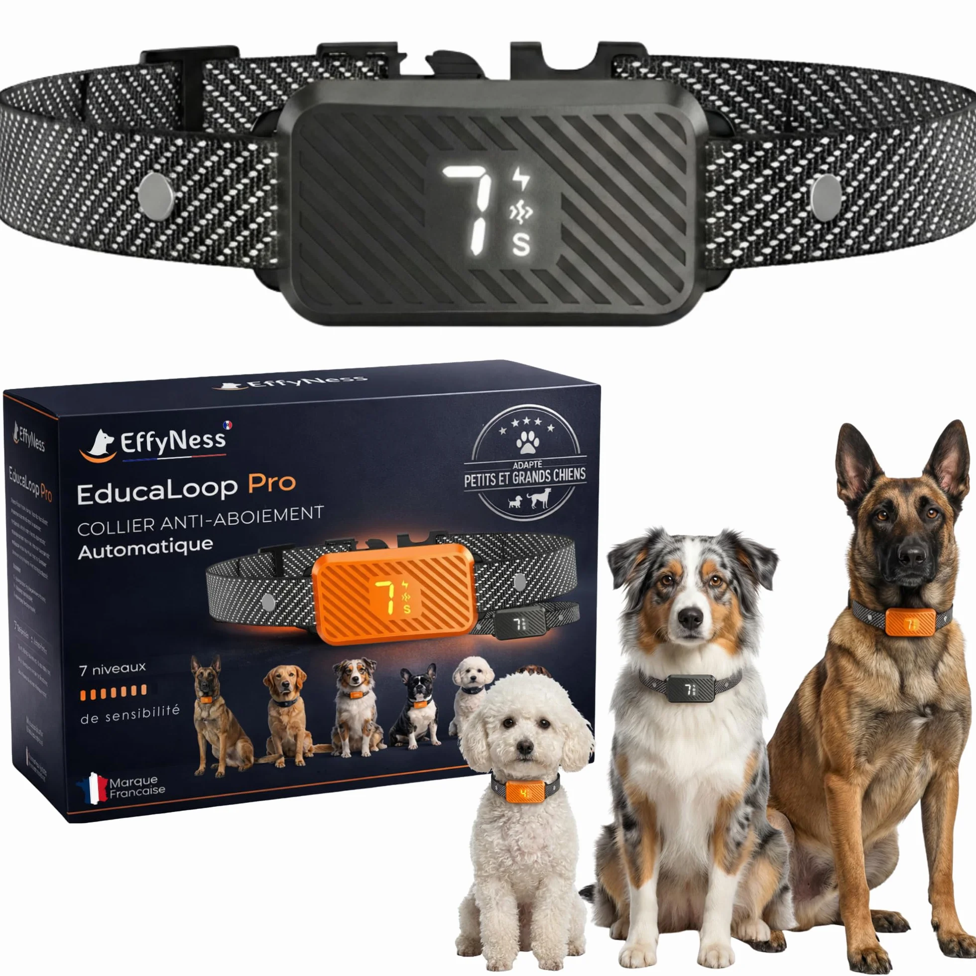 Collier Anti Aboiement Chien Électrique Rechargeable 3 Modes 7 Niveaux Automatique Réglable Sans Douleur