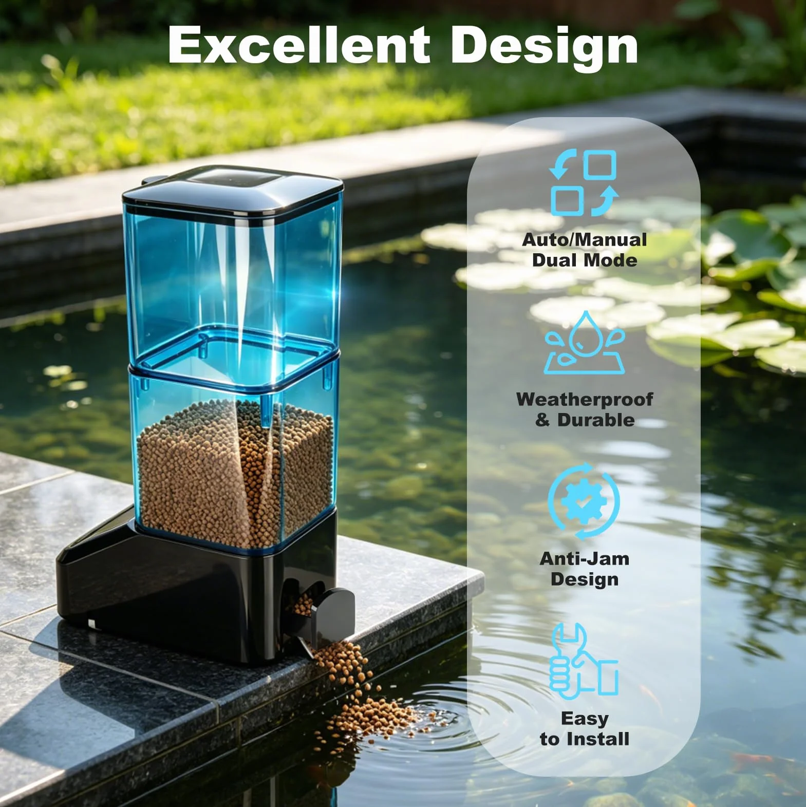 Mangeoire Automatique pour Bassin 2L Fishkeeper Distributeur avec Minuterie Anti-Blocage Manuel/Automatique