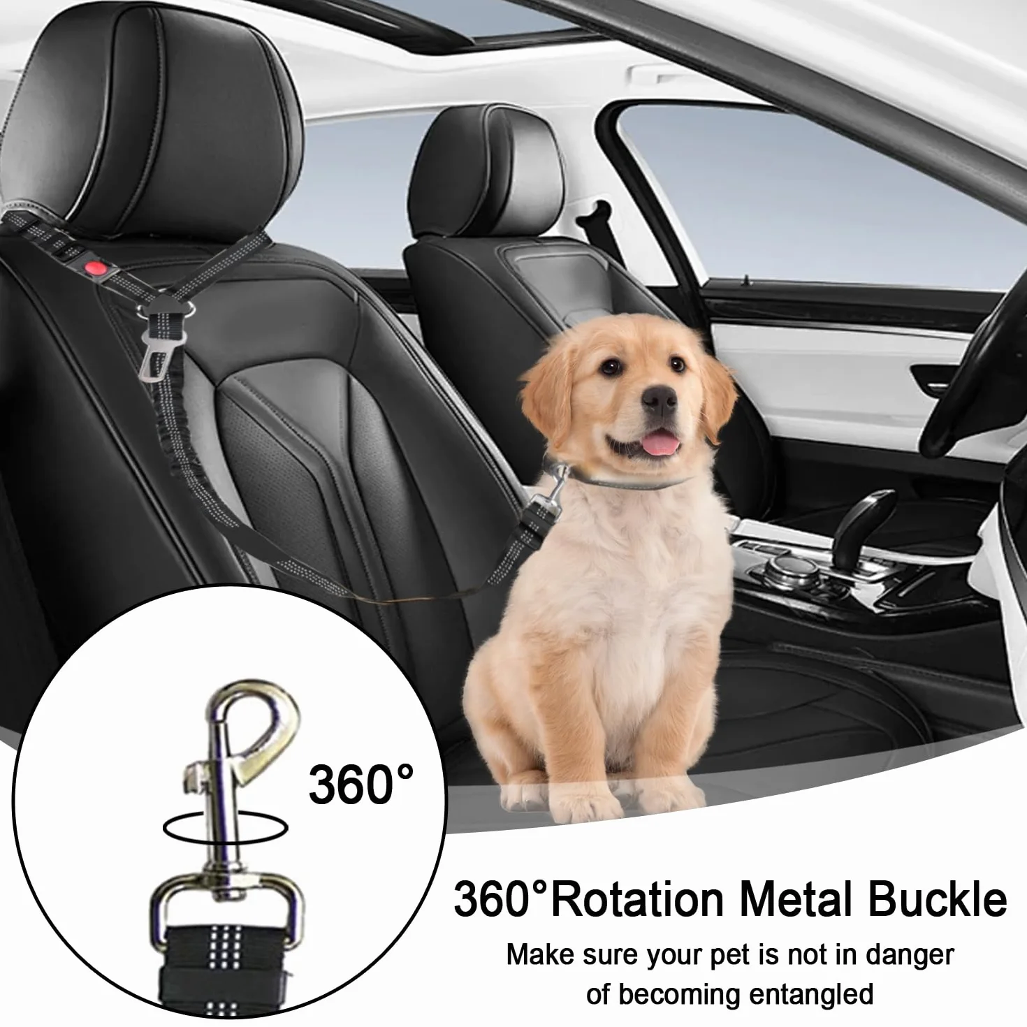 Lot de 2 ceintures de sécurité pour chien - Harnais de sécurité élastique réglable pour voiture - Laisse rembourrée élastique anti-chocs (noir)