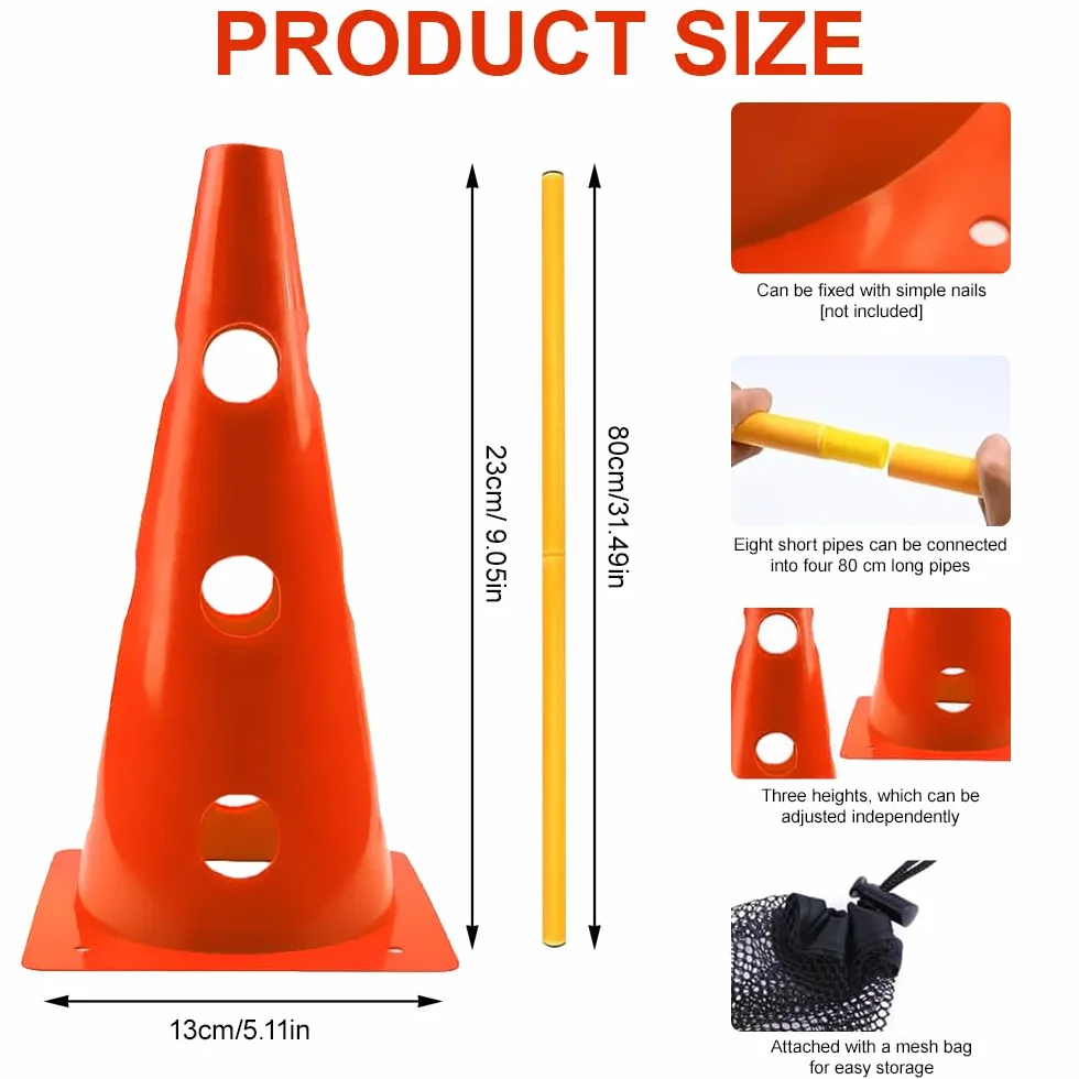 Kit Agility pour Chien Sports Haies Set 8 Cônes 4 Barres 23 cm Hauteur 80 cm Longueur Orange