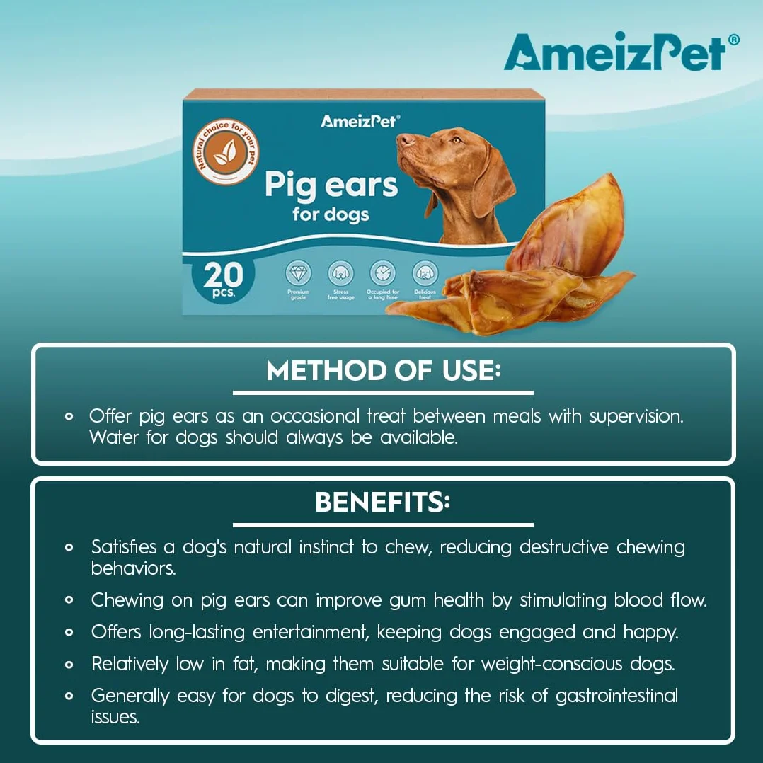 AmeizPet Oreille De Porc pour Chien, 100% Naturel, 20 Pièces