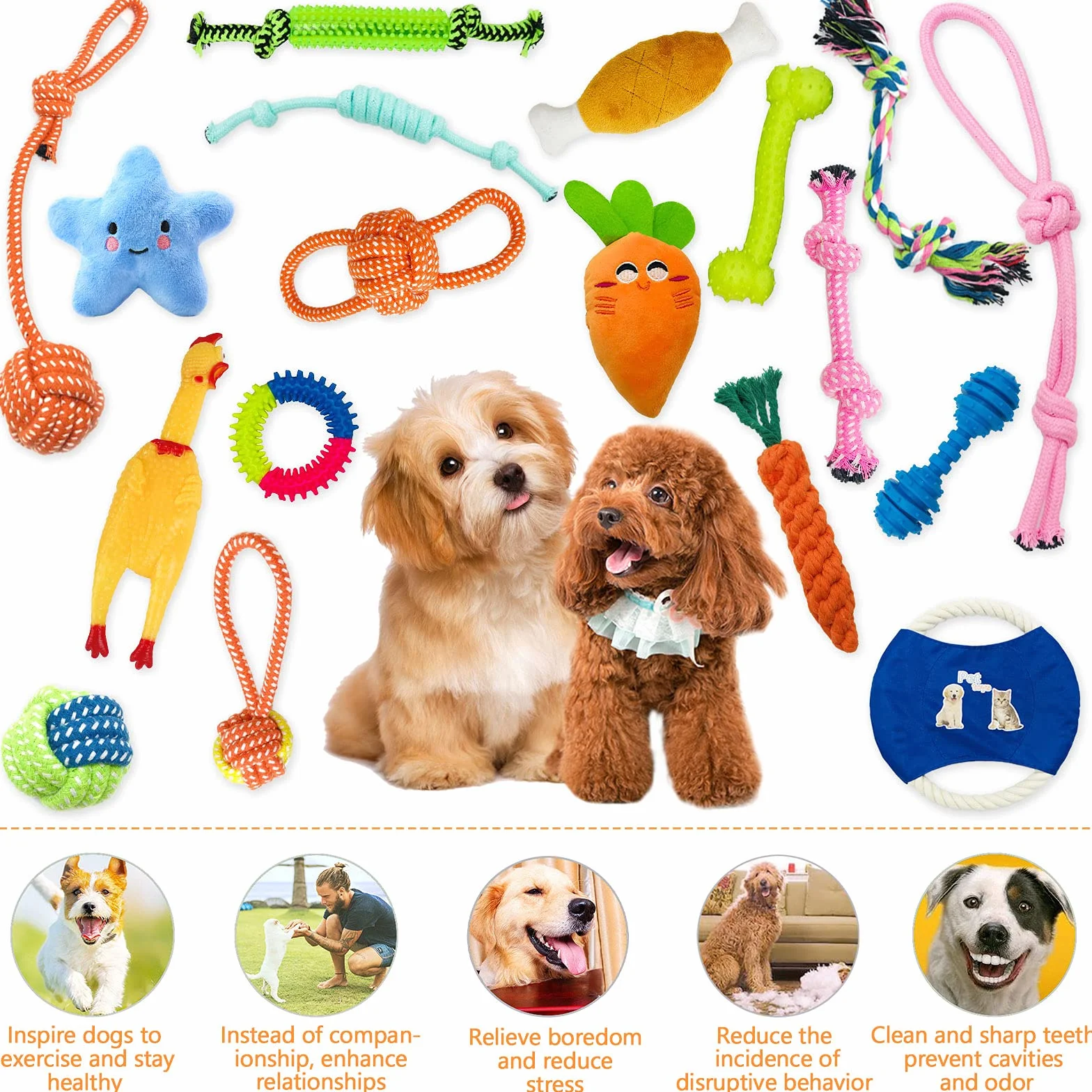 Frasheng Ensemble de Jouets pour Chien 18 Pièces, Corde à Mâcher Durable, Jouet Interactif, Peluche, Balle, Coton Naturel pour Petit et Moyen Chien