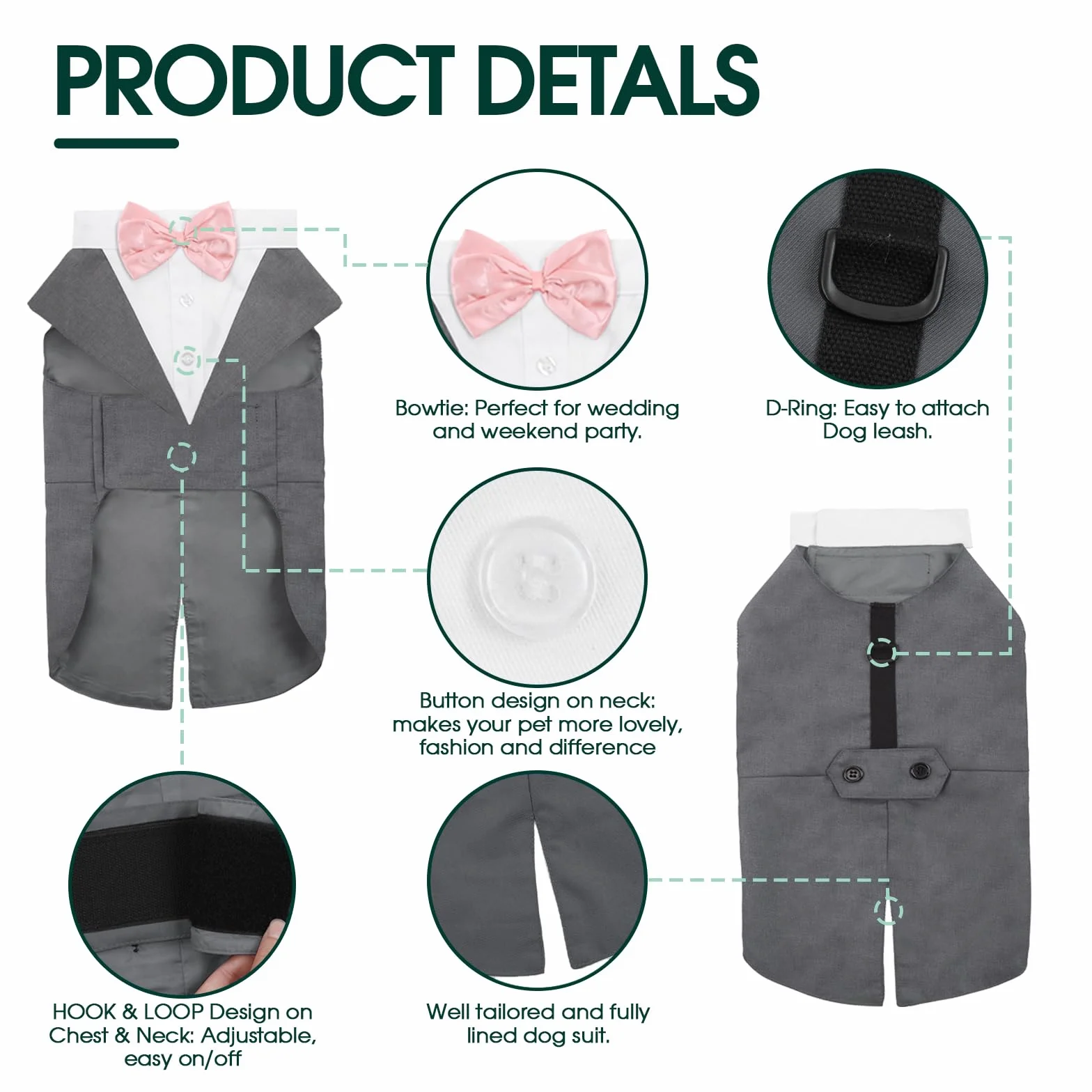 Kuoser Costume Smoking Chien Petite Moyenne Taille, Chemise Chiot Nœud Papillon Rose Amovible, Tenue Formelle Mariage