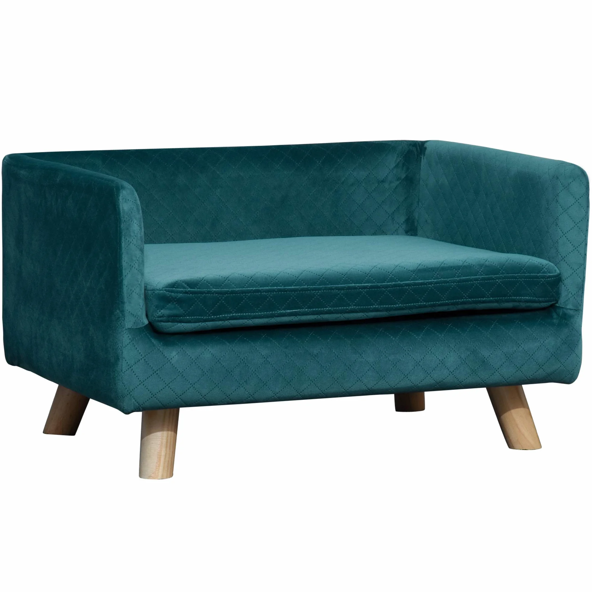 PawHut Canapé Chien lit pour Chien Design scandinave Coussin Moelleux Pieds Bois Massif 64 x 45 x 36 cm Velours Bleu Canard