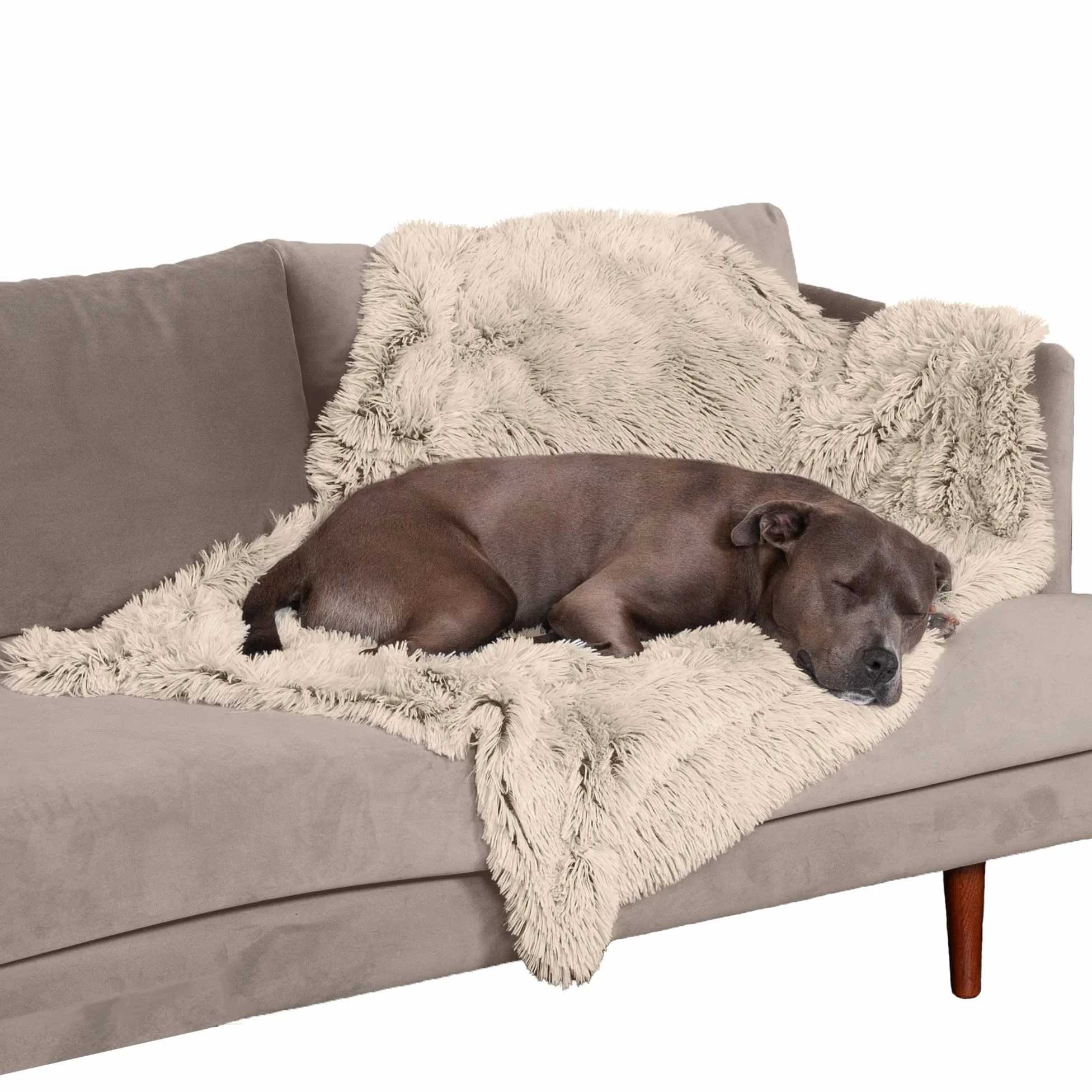 Furhaven Large Waterproof Calming Plush Long Faux Fur & Velvet Dog Blanket, Washable - Taupe, Large