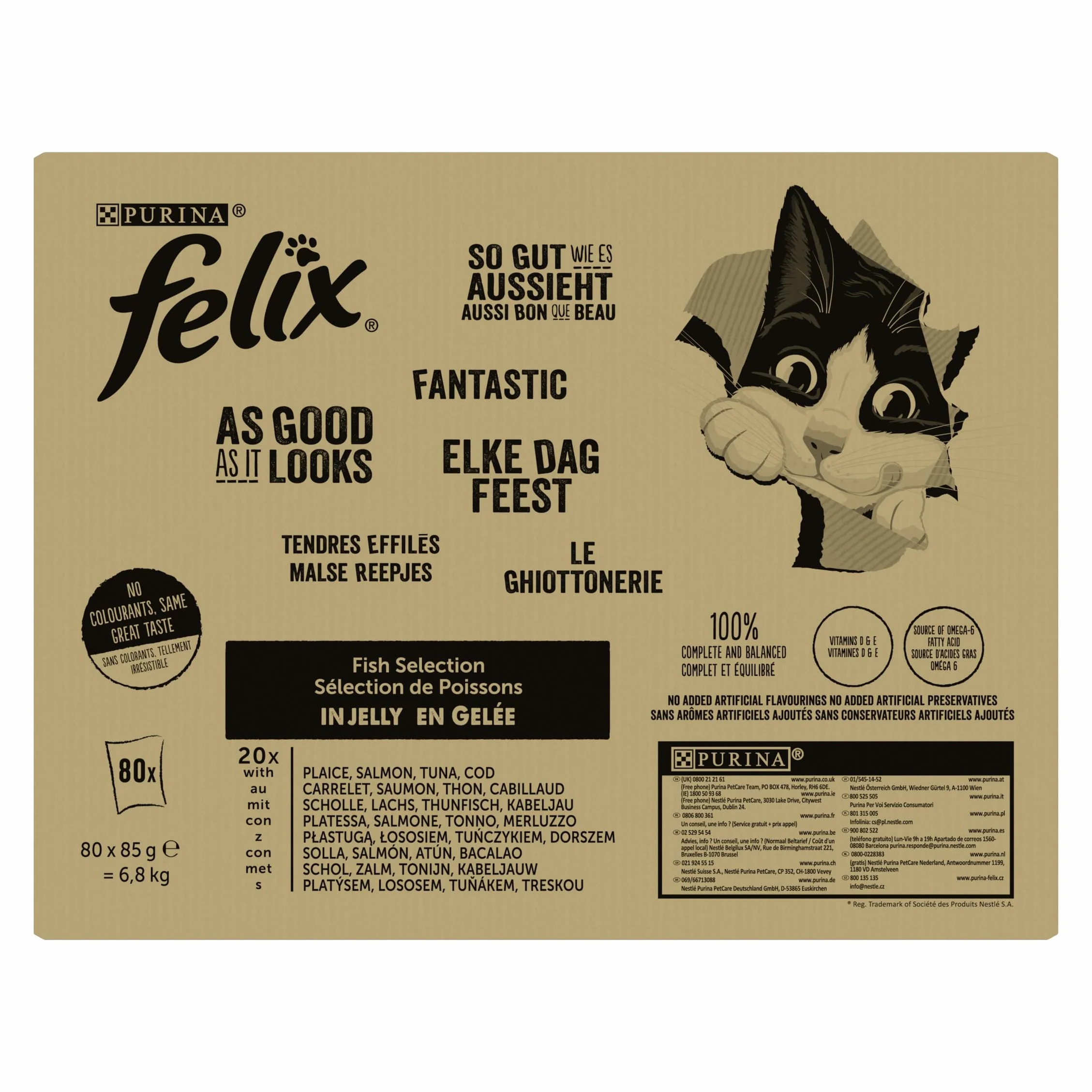 Felix Tendres Effilés en Gelée Alimentation complète Chat Adulte au Thon, Saumon, Boeuf et Poulet 80x85g