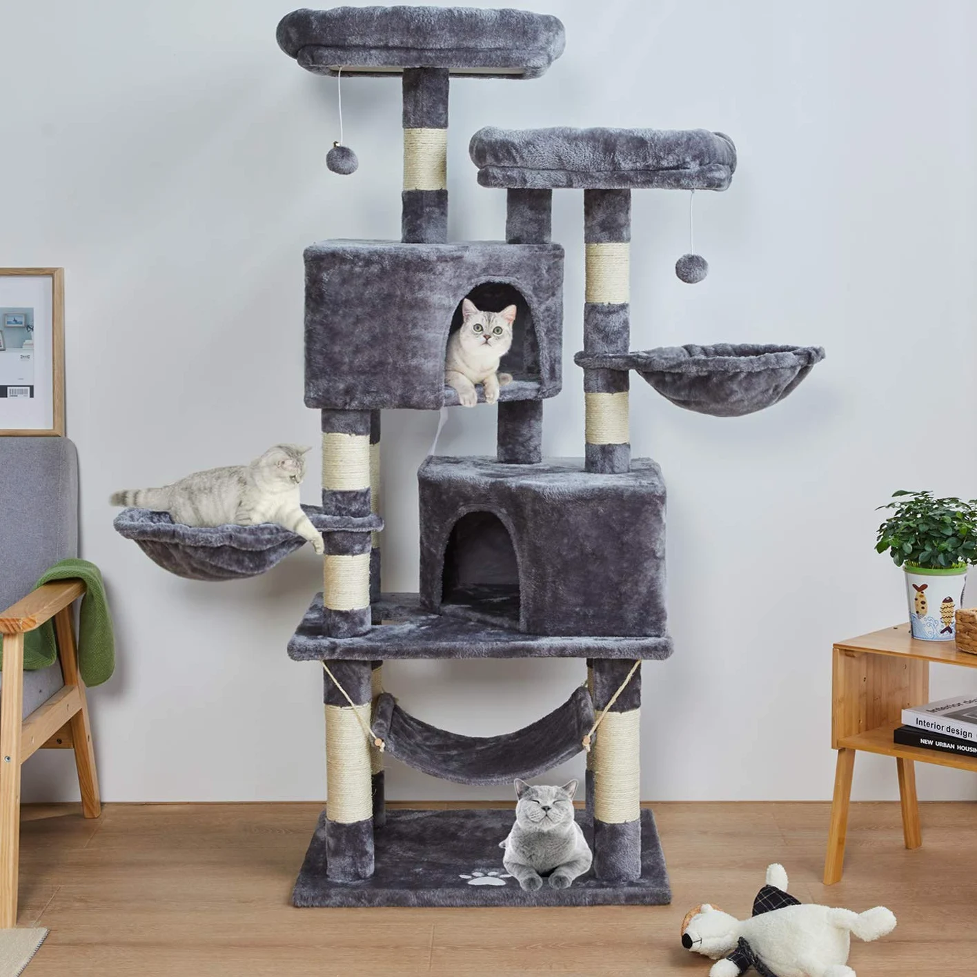 MSmask Grand Arbre à Chat, avec 2 Niches, 2 Grandes Plate-Formes, 10 Poteaux en Sisal, 2 Paniers, 1 Hamac, 2 Pompons, Tour de Jeux Stable pour Chats, Multi-Niveaux, Gris Clair