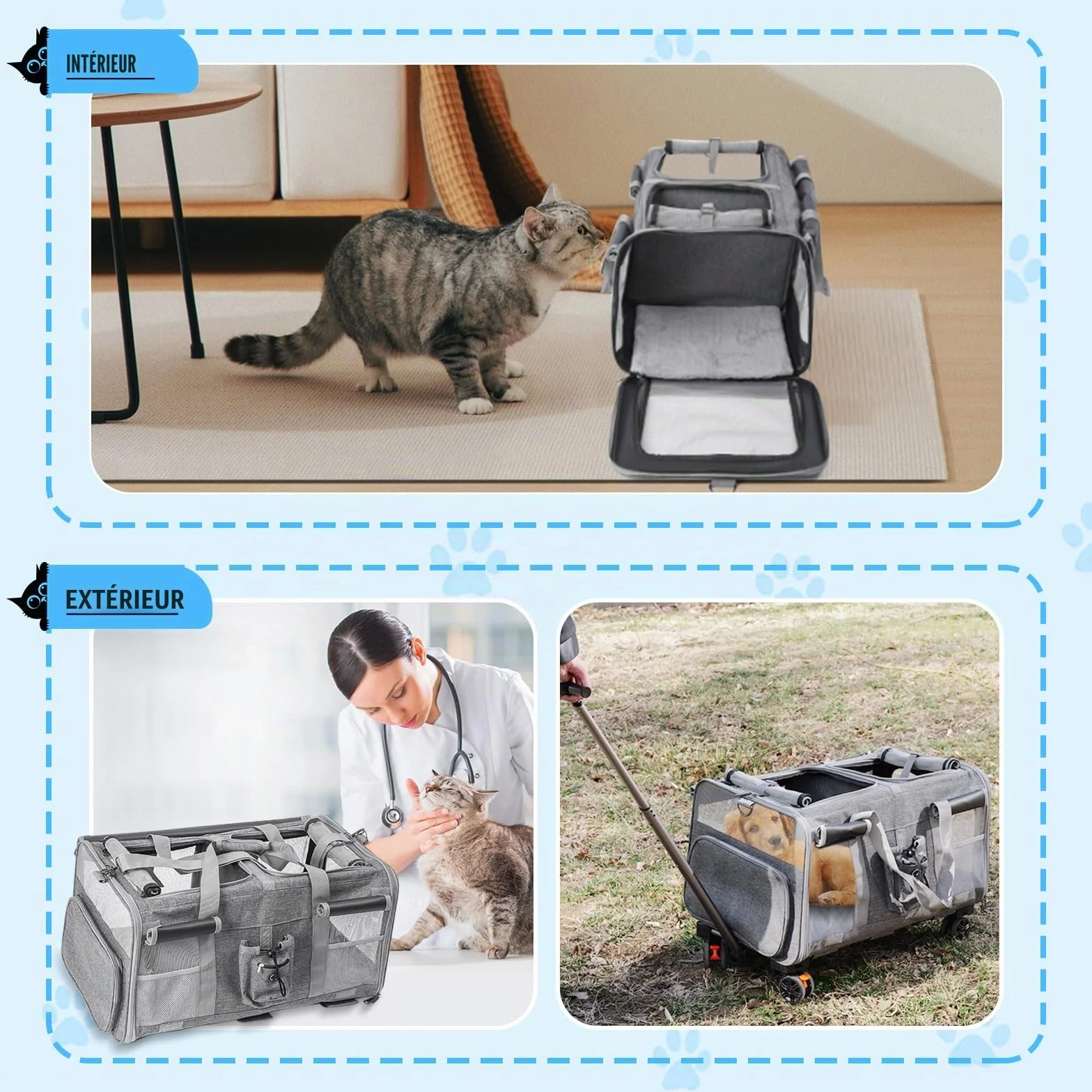 Sac à roulettes pour Chat Chien Pliable Transporteur Roulant, Sac de Transport Chats Poignée Télescopique Bandoulière pour 2 Chats et Petits Chiens jusqu'à 20 kg, Design ventilé