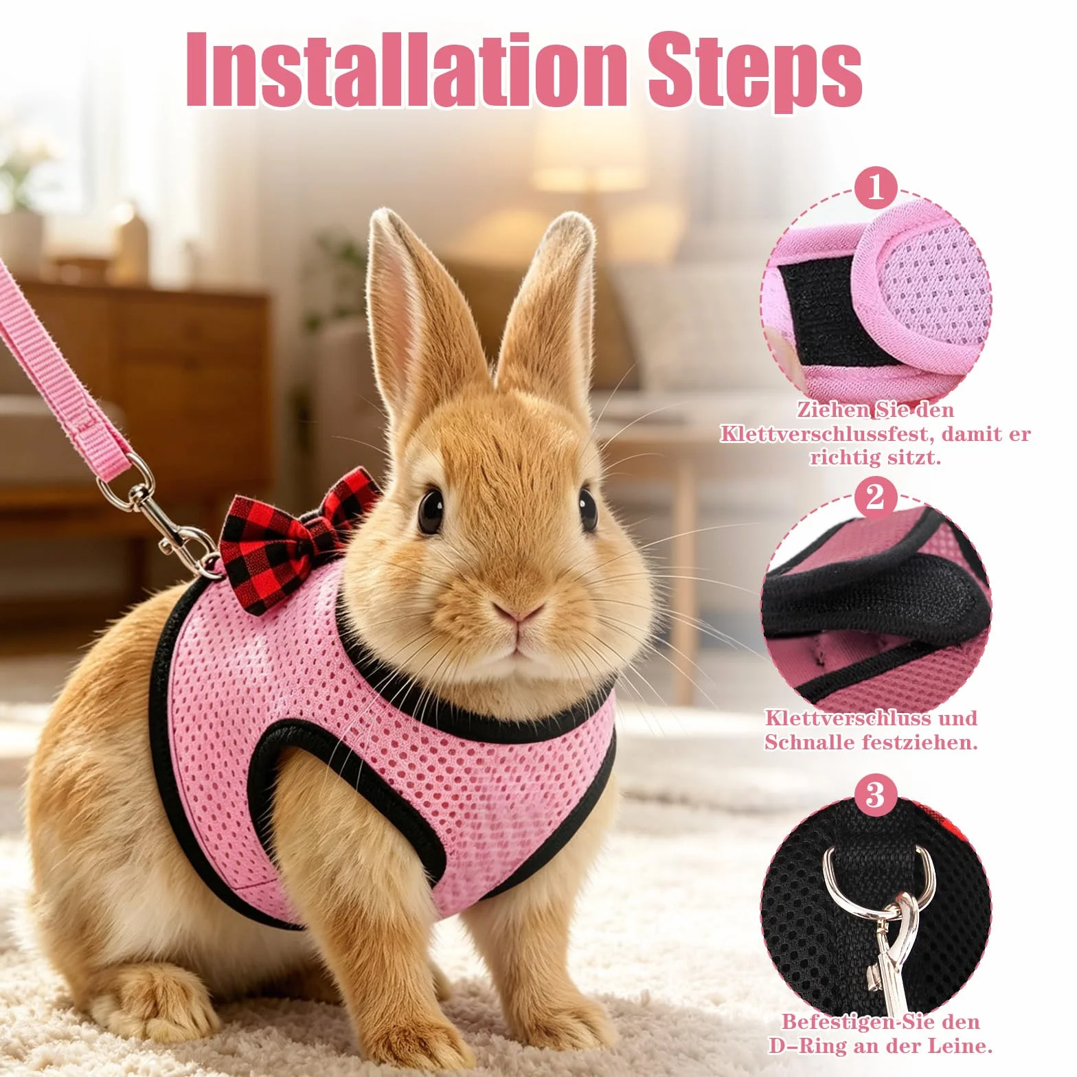 Harnais Pour Lapin Avec Nœud Rose Et Laisse, Harnais Lapin Doux Avec Laisse, Harnais Pour Lapin Avec Laisse Pour Petits Animaux, Accessoire