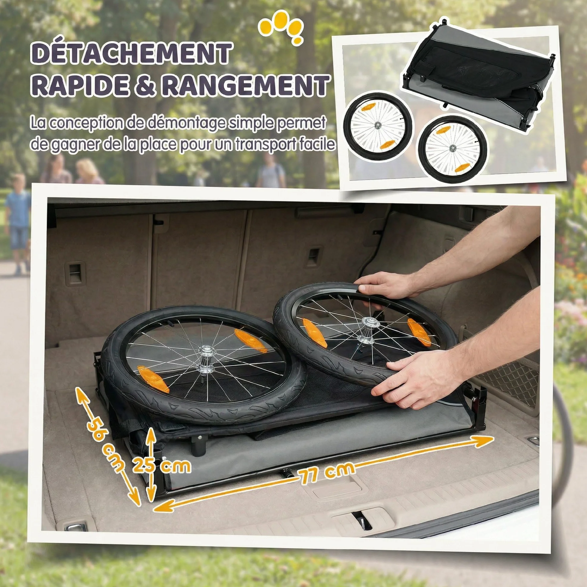 PawHut Remorque Vélo Chien avec Pneus 20" en Caoutchouc à Dégagement Rapide, Chariot pour Chien Moyen avec Attache Universelle, Réflecteurs, Drapeau, Laisse, Charge 20 kg, Gris et Noir