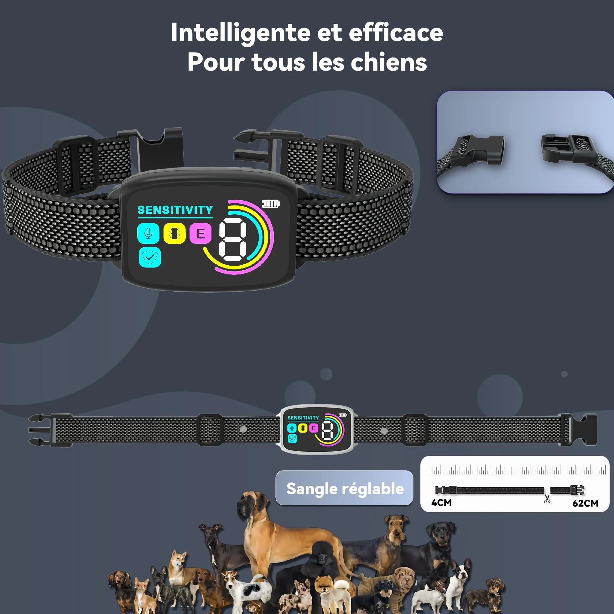 Collier Anti Aboiement Chien, Détection Intelligente, 4 Modes Vibration/Choc/Son, 8 Niveaux, Rechargeable