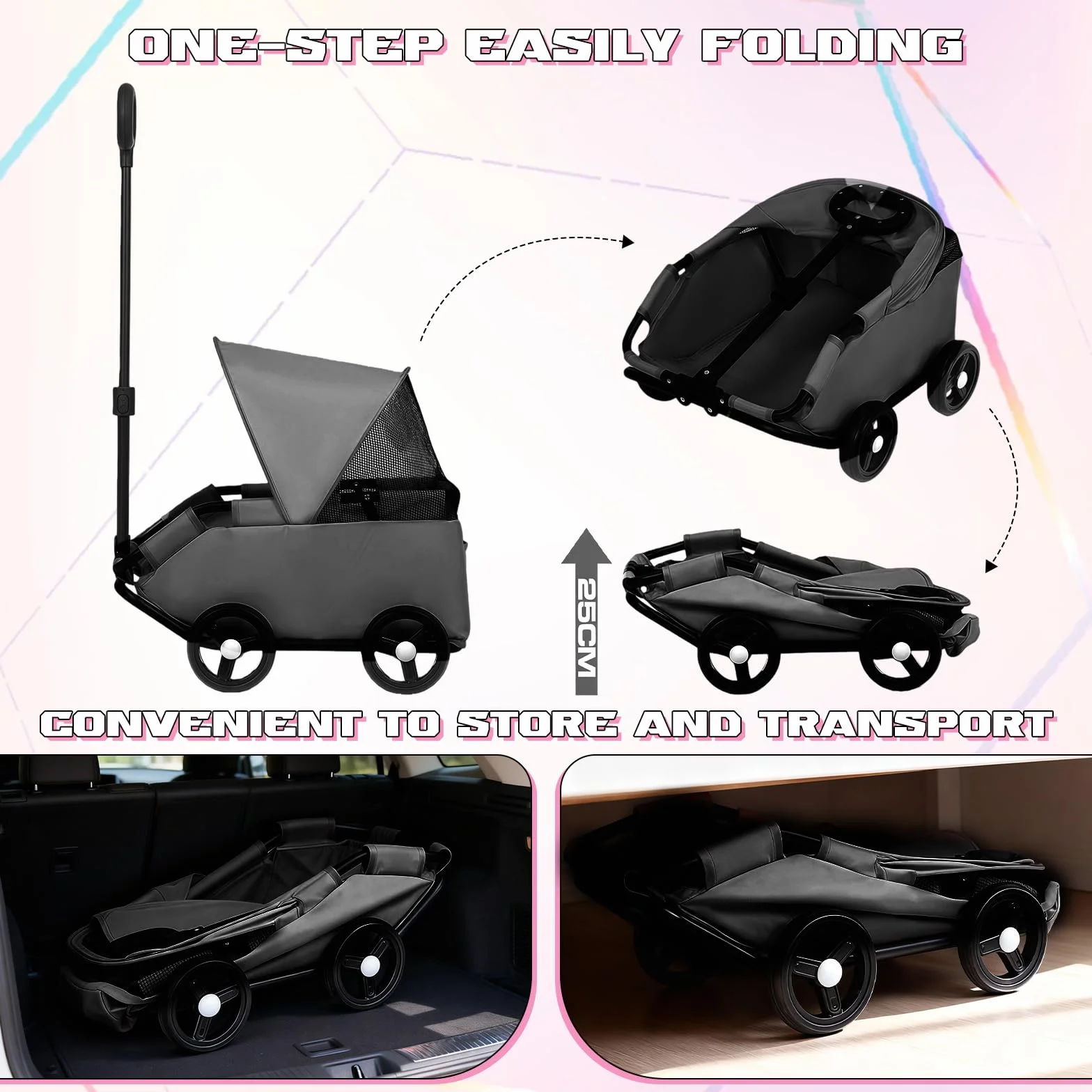 Chariot Pliable pour Chien 4 Roues avec Barre Pivotante 360° Poussette pour Chat Visière Solaire Tissu Oxford 600D Noir