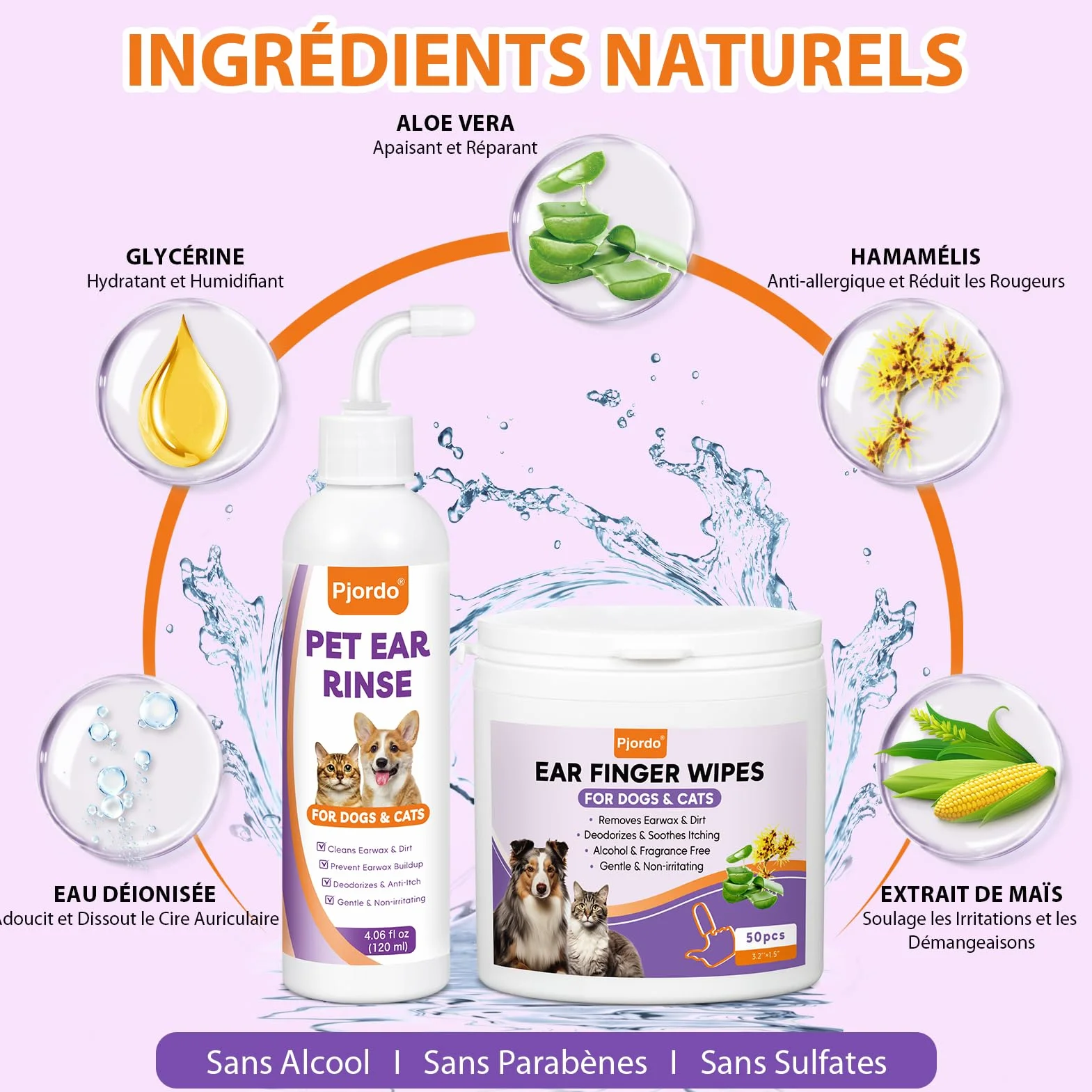 Pjordo Nettoyant pour oreilles de chien avec aloe vera et hamamélis - Lingettes et solution nettoyante