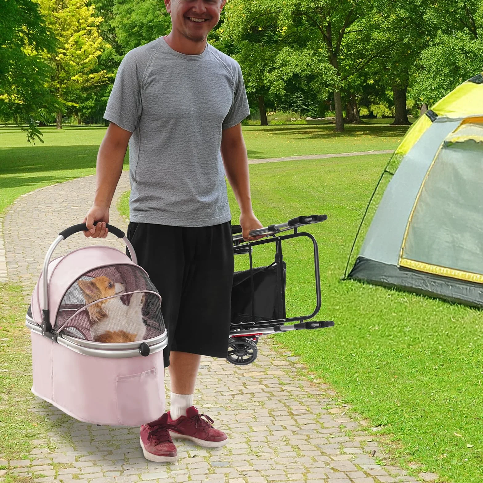 Poussette pliable pour chien 50x60 cm rose sakura avec roues universelles