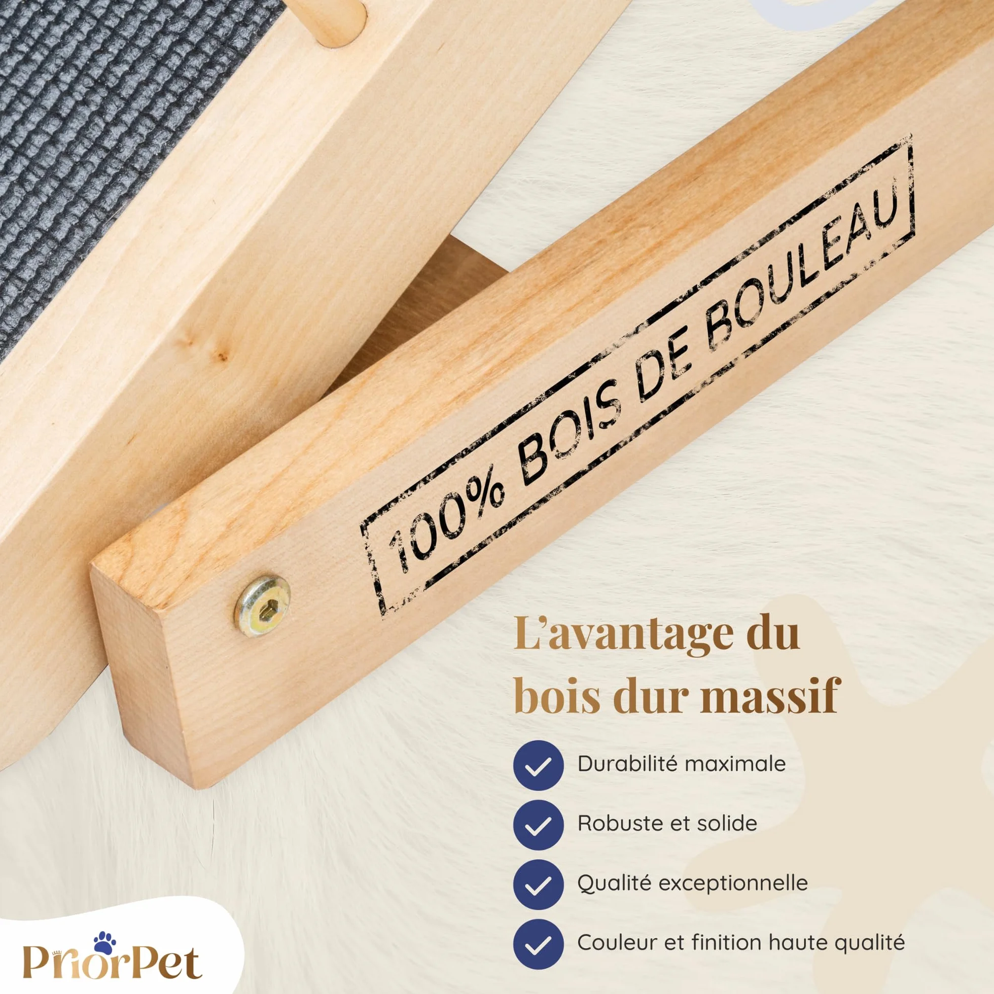 PRIORPET Rampe pour Chien avec Barrières de Sécurité Escalier Pliable Lit Haut 94.5 cm Bois de Bouleau Antidérapante 23kg Naturel