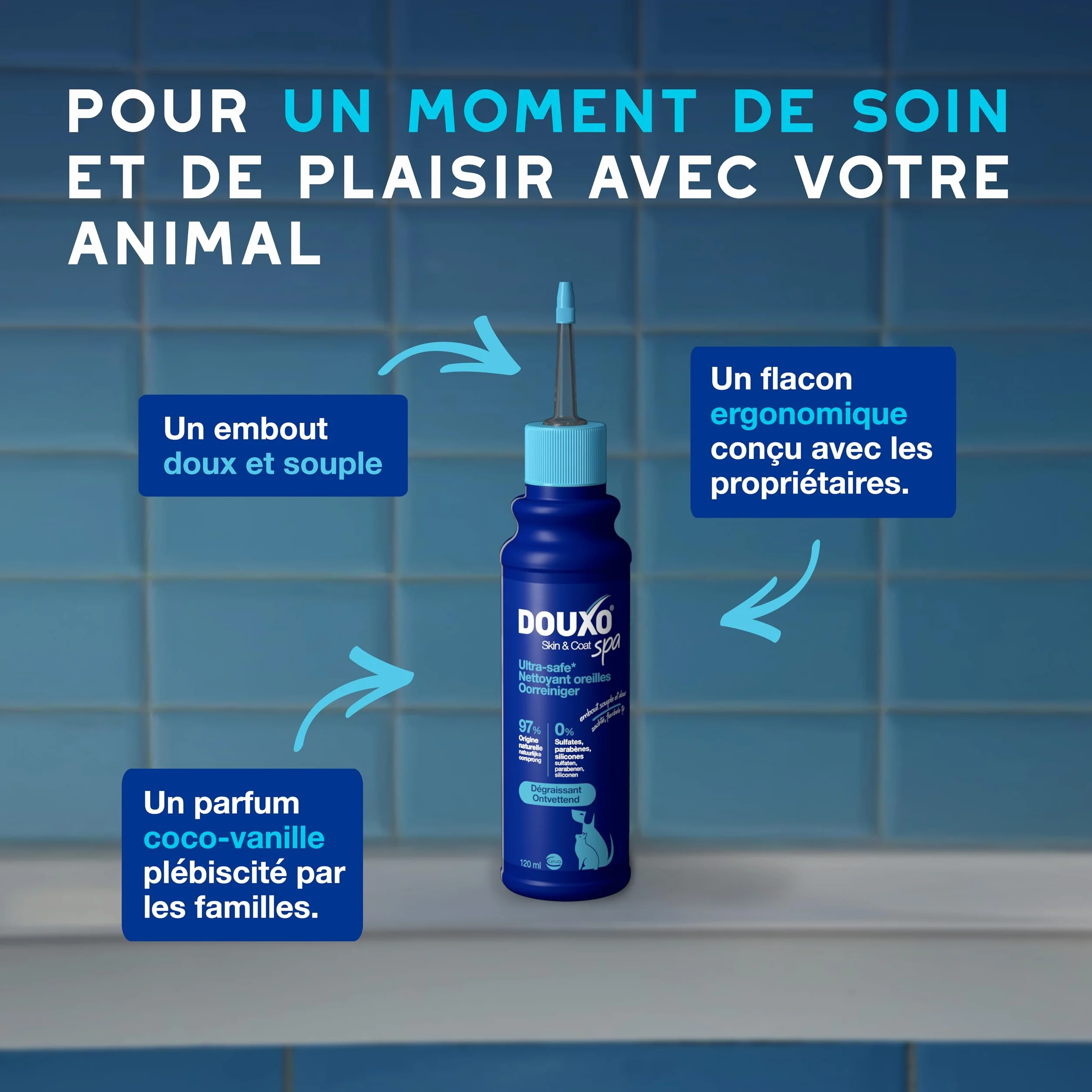 DOUXO Skin & Coat Spa - Ultra-Safe nettoyant auriculaire pour Chiens et Chats, 120 ML, nettoie l'oreille en Toute sécurité, Formule respectueuse de la Peau.