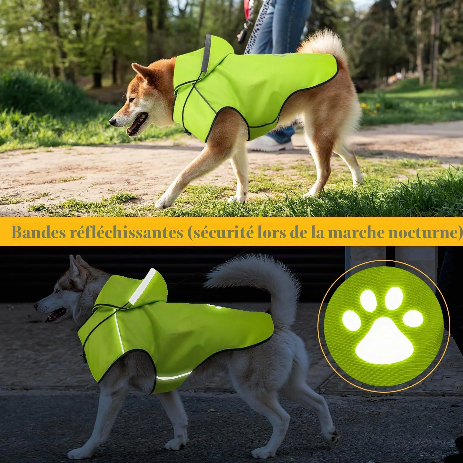 Manteau Chien Imperméable Réglable avec Capuchon, Manteaux Pluie Réfléchissants pour Chiens Petits, Moyens et Gros, 100% Étanche et Aéré