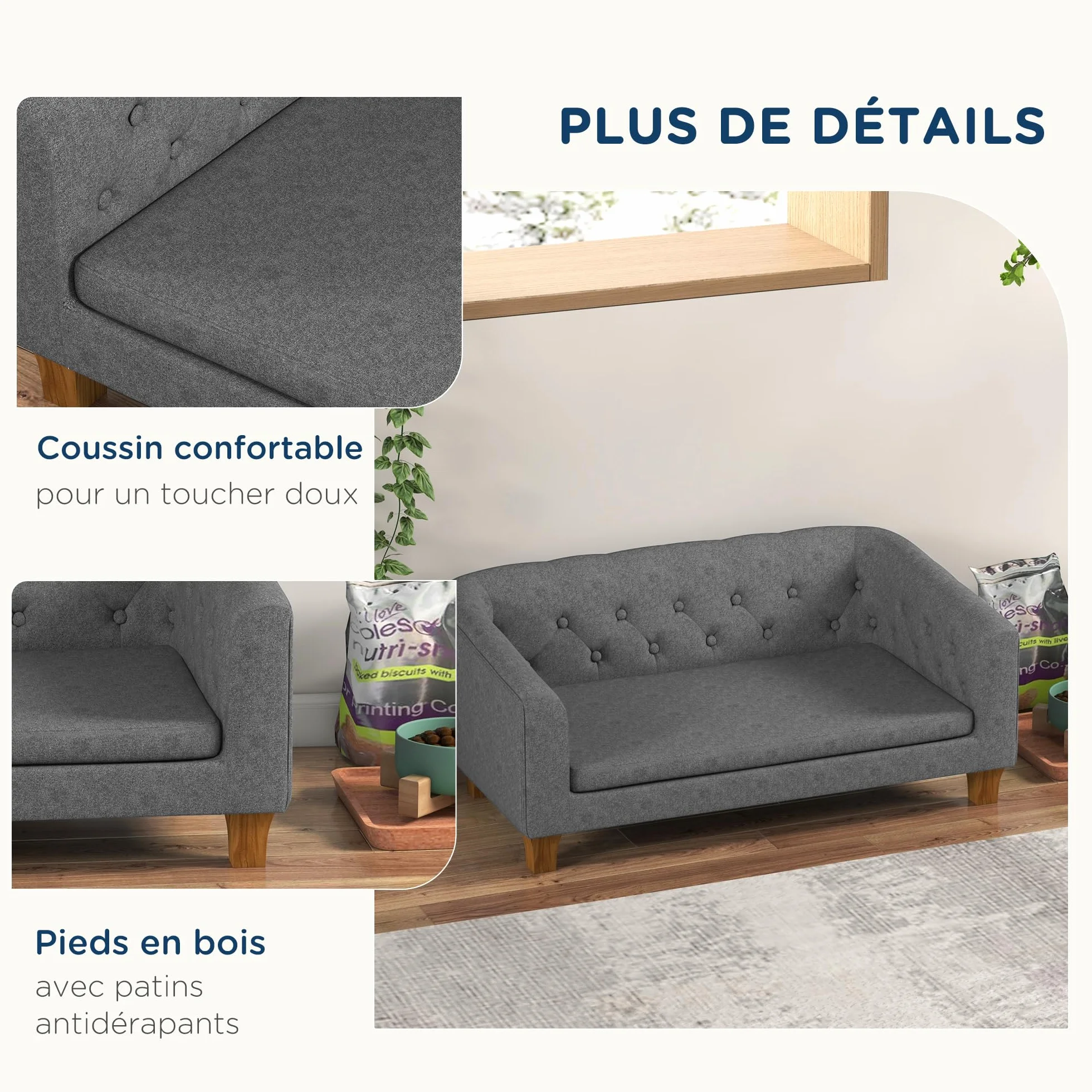 PawHut Canapé pour Chien et Chat surélevé, Coussin Doux Amovible, 96 x 60 x 42 cm, Gris